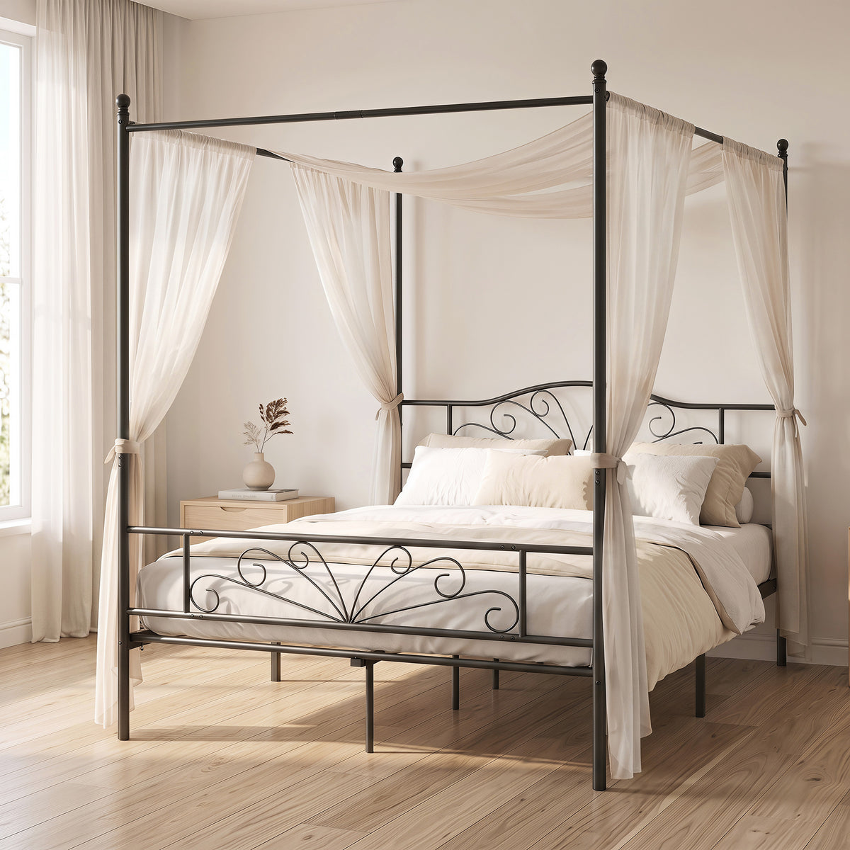 HOMCOM Canopy Bed Frame Double Size, Metal Platform Bed Frame with Headboard and Footboard, Underbed Storage, Black