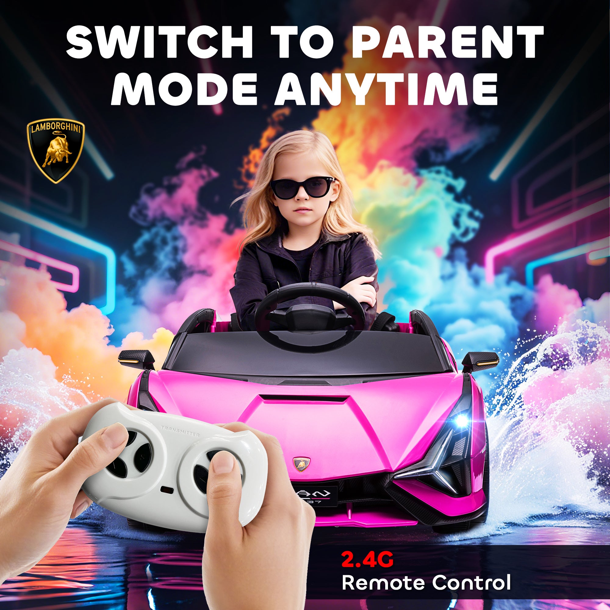 HOMCOM Lamborghini Sian Licensed 12V Kids Electric Ride On Car 2 Motors Toy Car with Remote Control Music Lights MP3 for 3-5 Years Pink