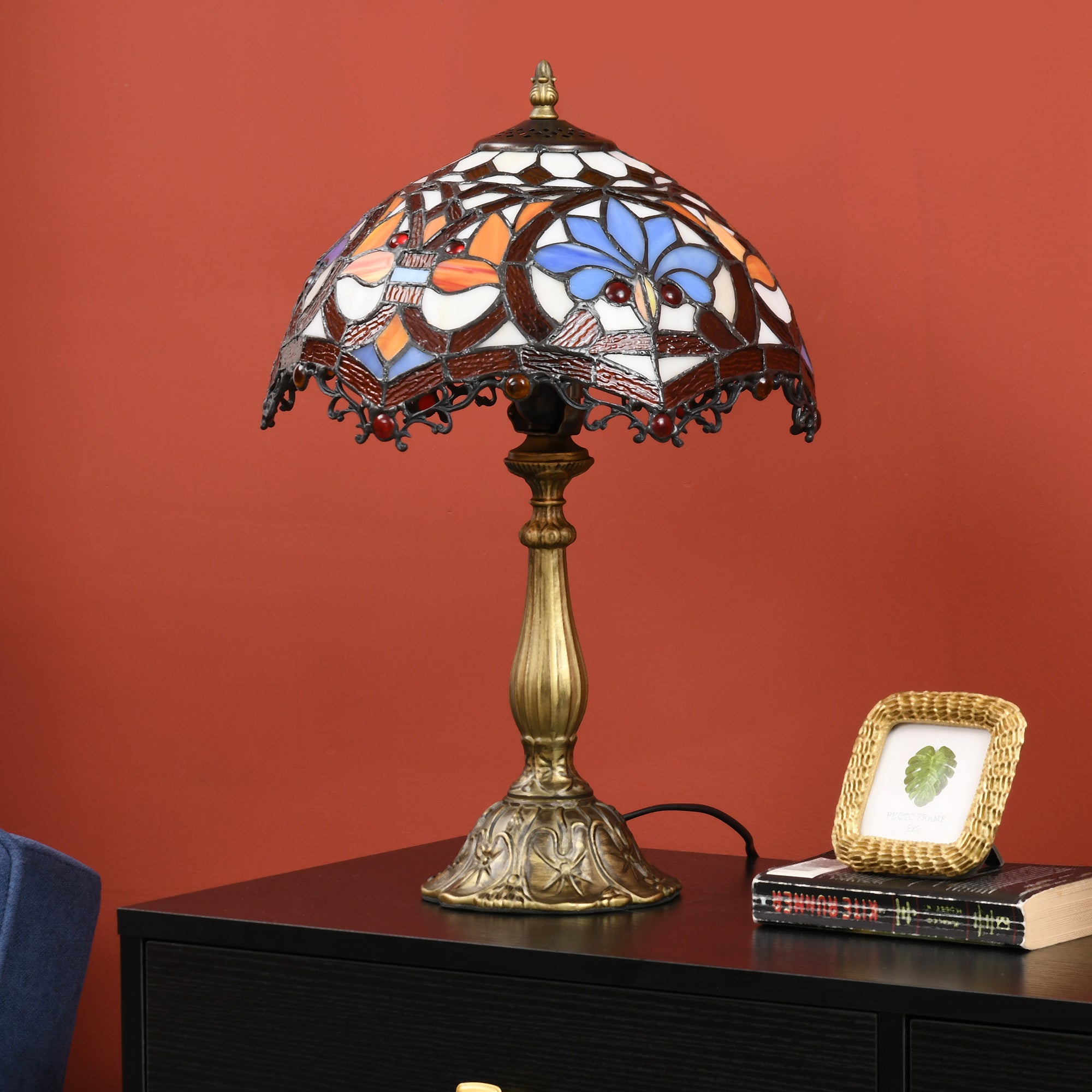 HOMCOM Stained Glass Table Lamp, Handcrafted Artisan Collectible, Suitable for Living Room and Bedside, Multi-Coloured, Ф31 x 48Hcm, Zinc Alloy. - North Peak Garden Furniture