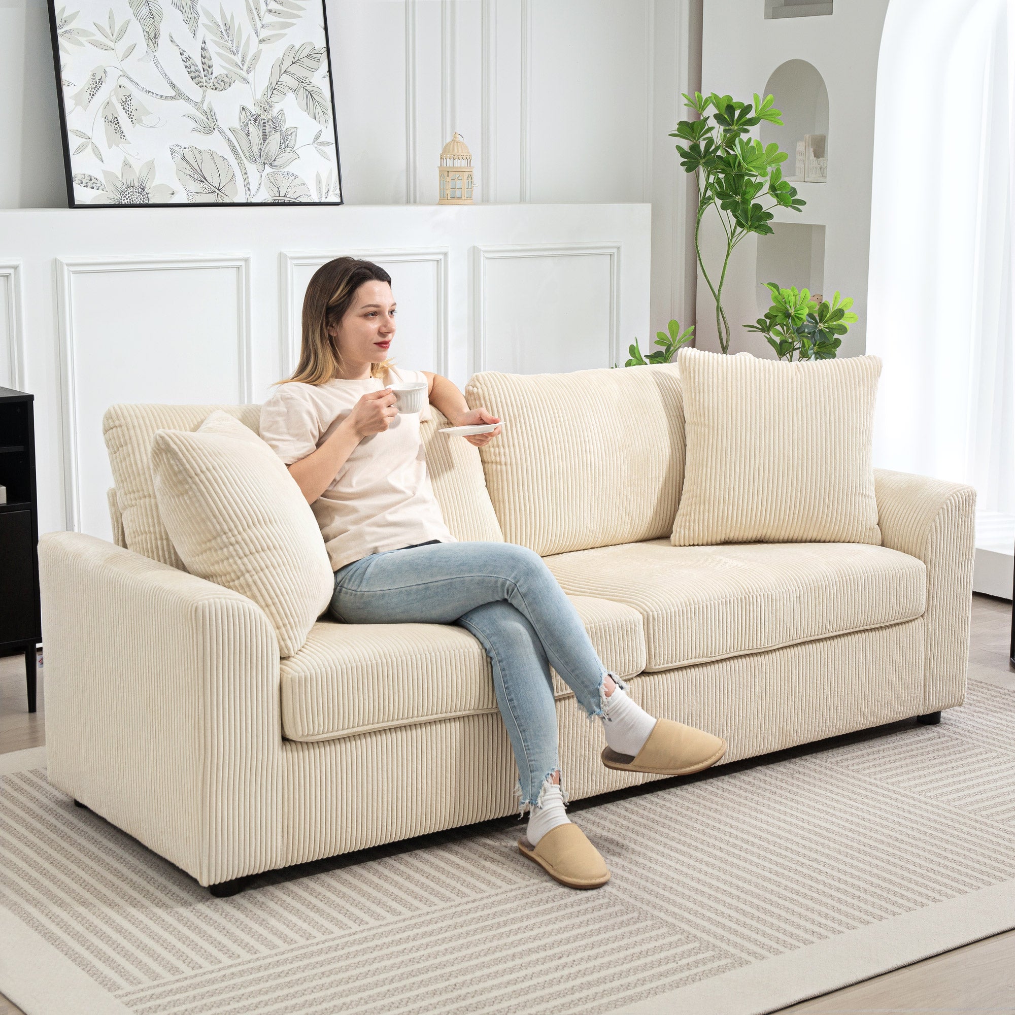 HOMCOM Modern 3 Seater Sofa with Spring Cushion, 212 cm Fabric Jumbo Cord Sofa Couch with 2 Scatter Cushions, Upholstered Corduroy Settee for Living Room, Bedroom, Home Office, Cream White