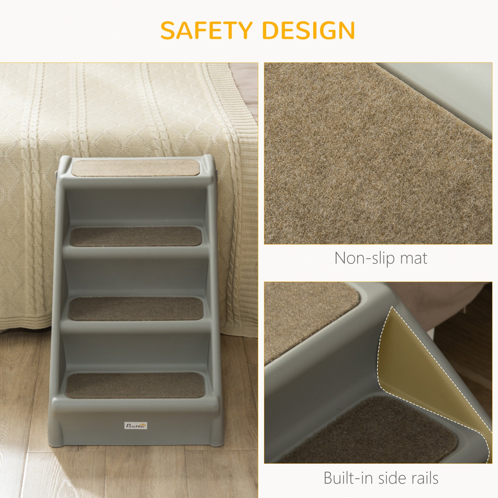 PawHut Foldable Four-Step Pet Stairs, for Cats, Small Miniature Dogs, with Non-Slip Mats 62 x 38 x 49.5cm - Grey - North Peak Garden Furniture