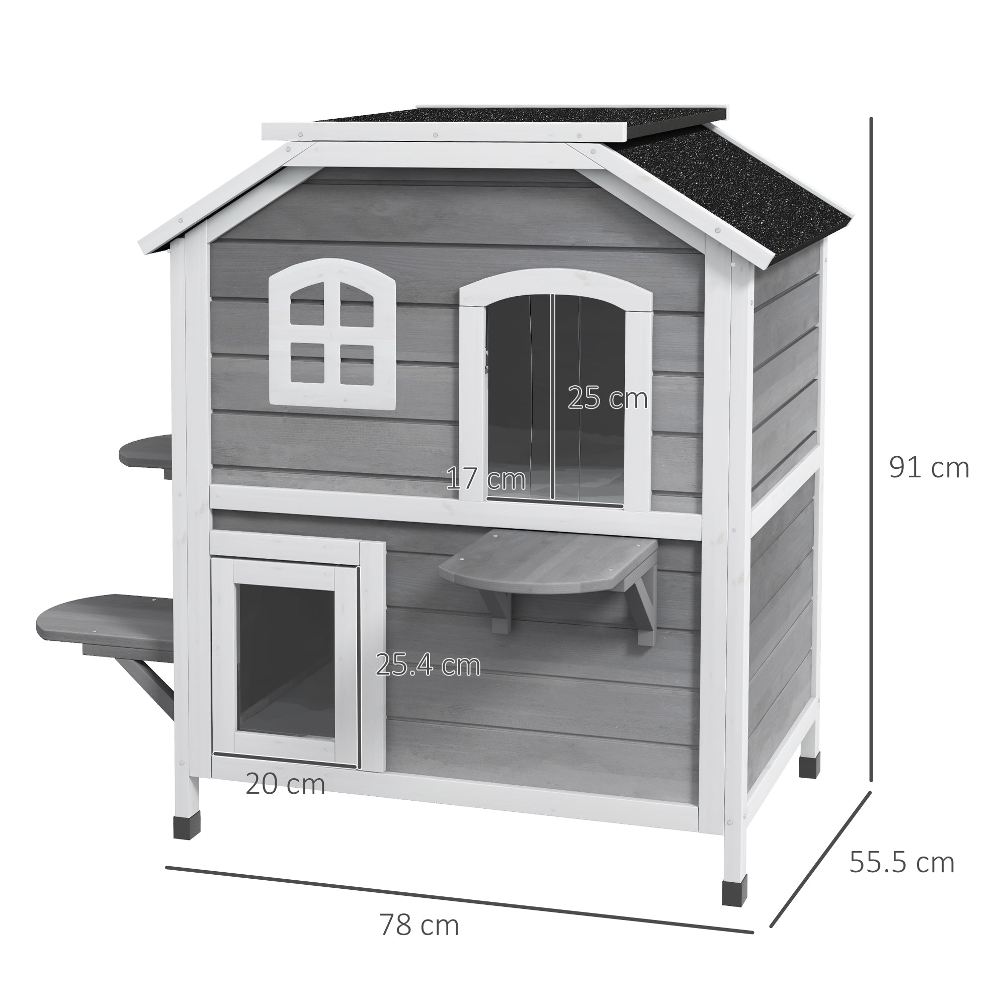 PawHut 2-story Cat House Outdoor, Weatherproof Wooden Cat Enclosure for Feral Cats with Escape Door, Openable Roof, Jumping Platforms, Grey