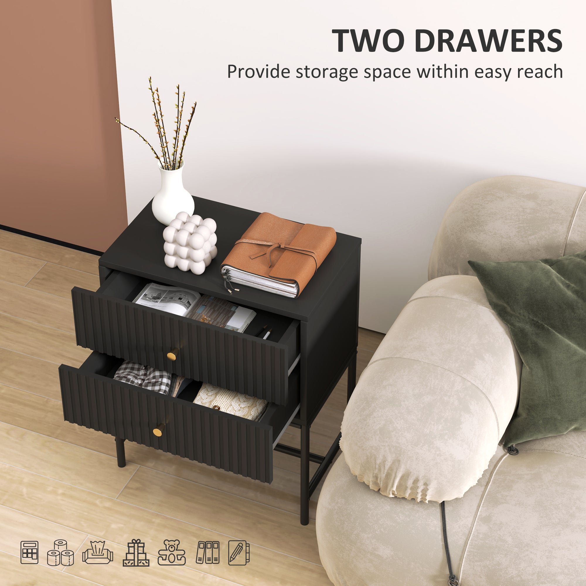 HOMCOM Elegant Two-Drawer Bedside Table - Black - North Peak Garden Furniture