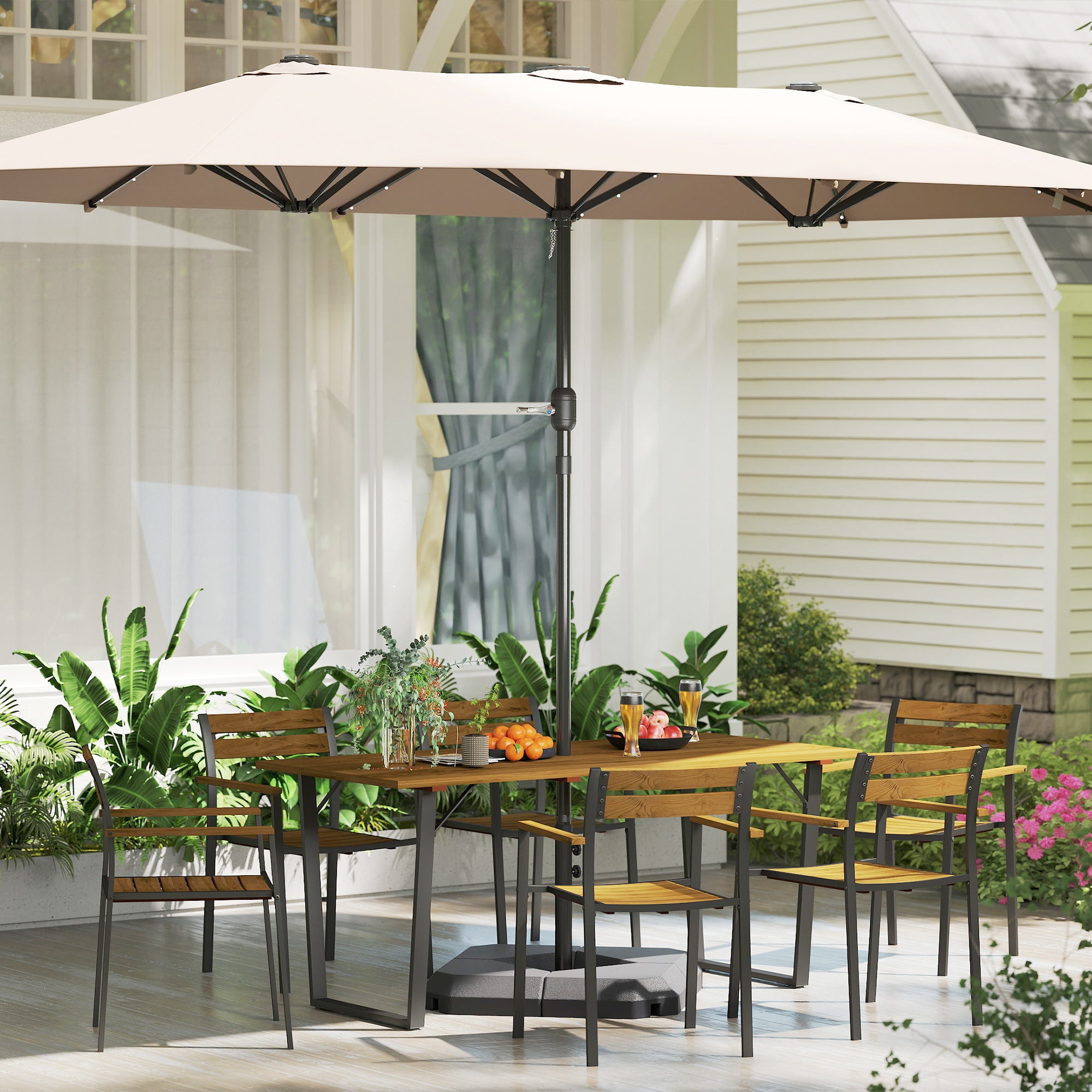 Outsunny Seven-Piece Wood Panel Patio Dining Set - Brown/Black - North Peak Garden Furniture