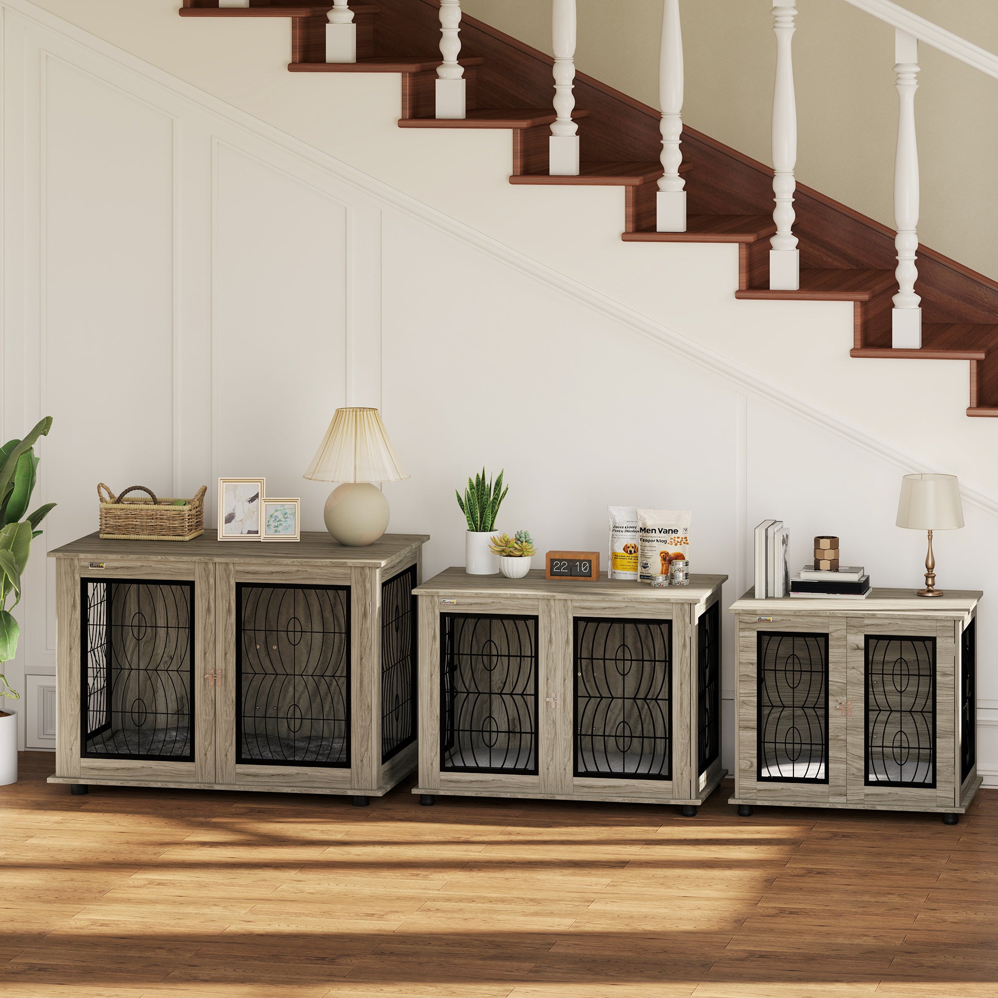 PawHut Indoor Dog Crate Furniture End Table with Soft Washable Cushion, Lockable Front Door, for Medium Dogs - Black - North Peak Garden Furniture
