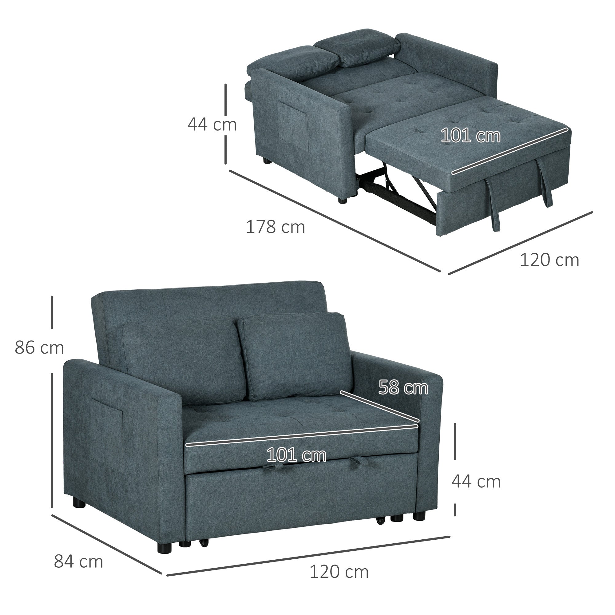 HOMCOM Loveseat Sofa Bed, Convertible Bed Settee with 2 Cushions, Side Pockets for Living Room, Charcoal Grey - North Peak Garden Furniture