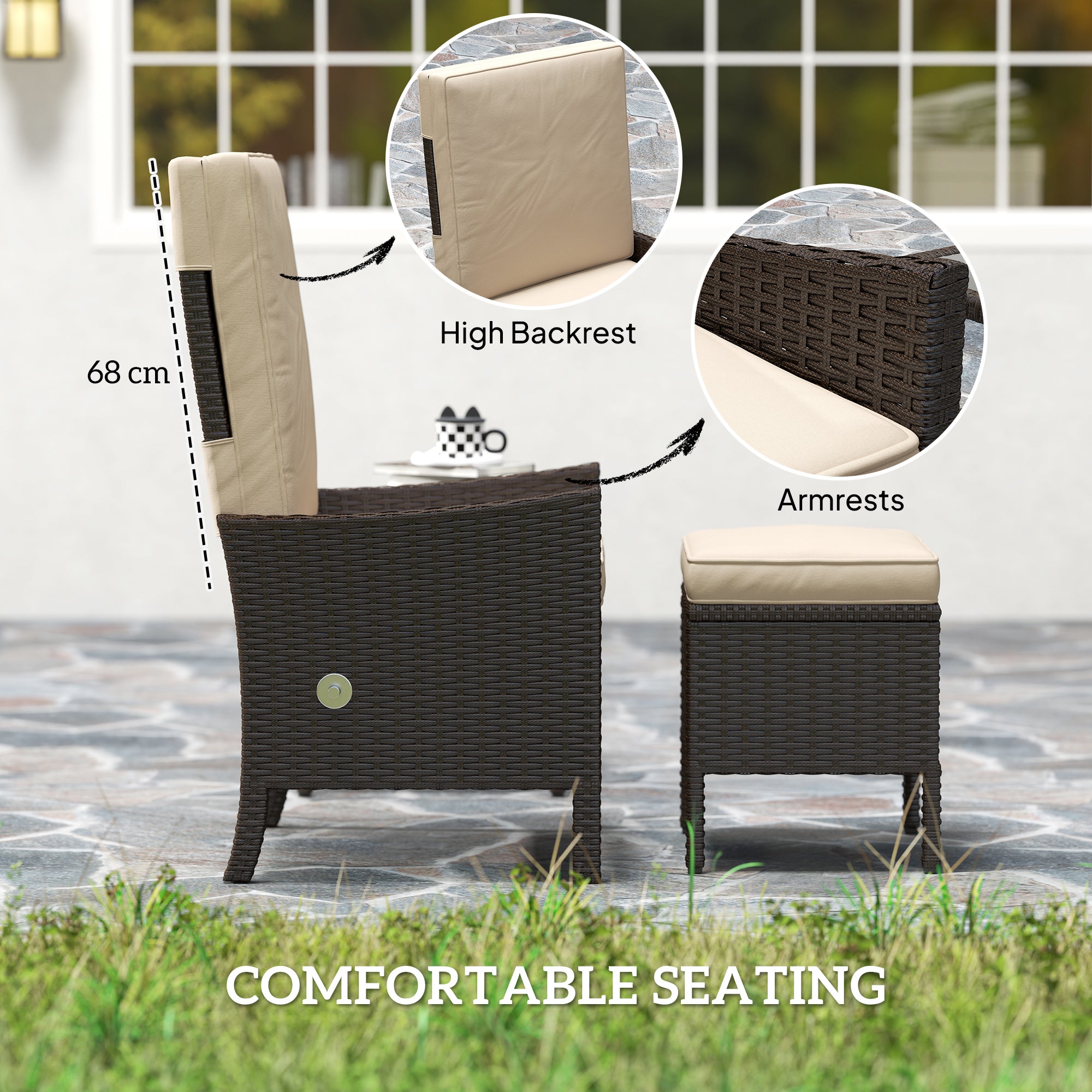 Outsunny 5 Piece Rattan Garden Furniture Set, Wicker Patio Sofa Set with 2 Armchairs, 2 Footstools, Glass Top Coffee Table with Shelf, Outdoor Furniture with Adjustable Backrests, Cushions, Khaki - North Peak Garden Furniture