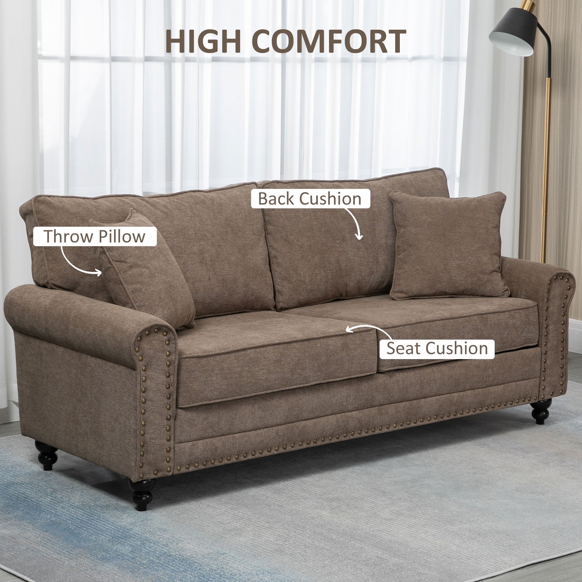 HOMCOM 3 Seater Sofas for Living Room, Fabric Sofa with Nailhead Trim, Cushions and Pillows, Brown - North Peak Garden Furniture