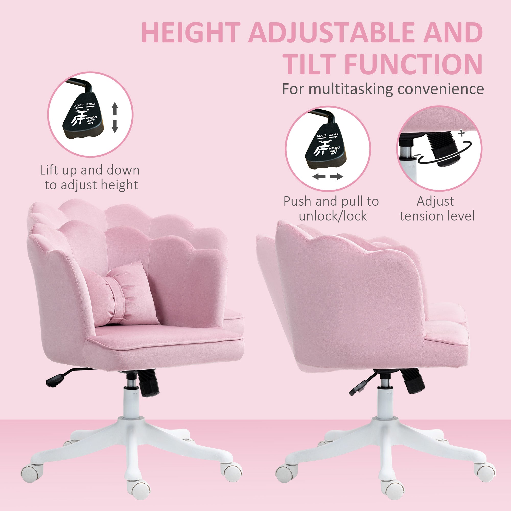 HOMCOM Velvet-Feel Petal Back Office Chair - Pink - North Peak Garden Furniture