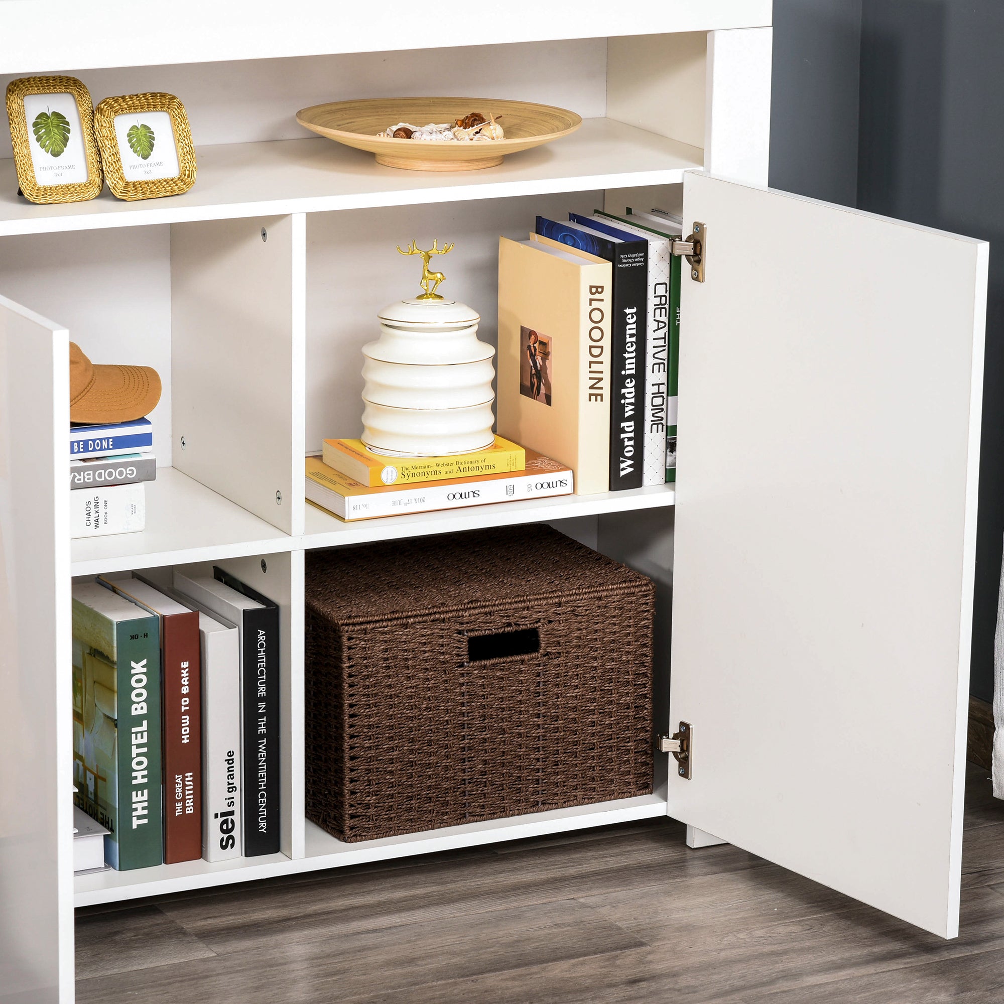 HOMCOM LED Storage Cabinet, Cupboard with High Gloss Front and RGB Lighting, Modern Sideboard for Entryway, Dining Area, Living Room, White - North Peak Garden Furniture