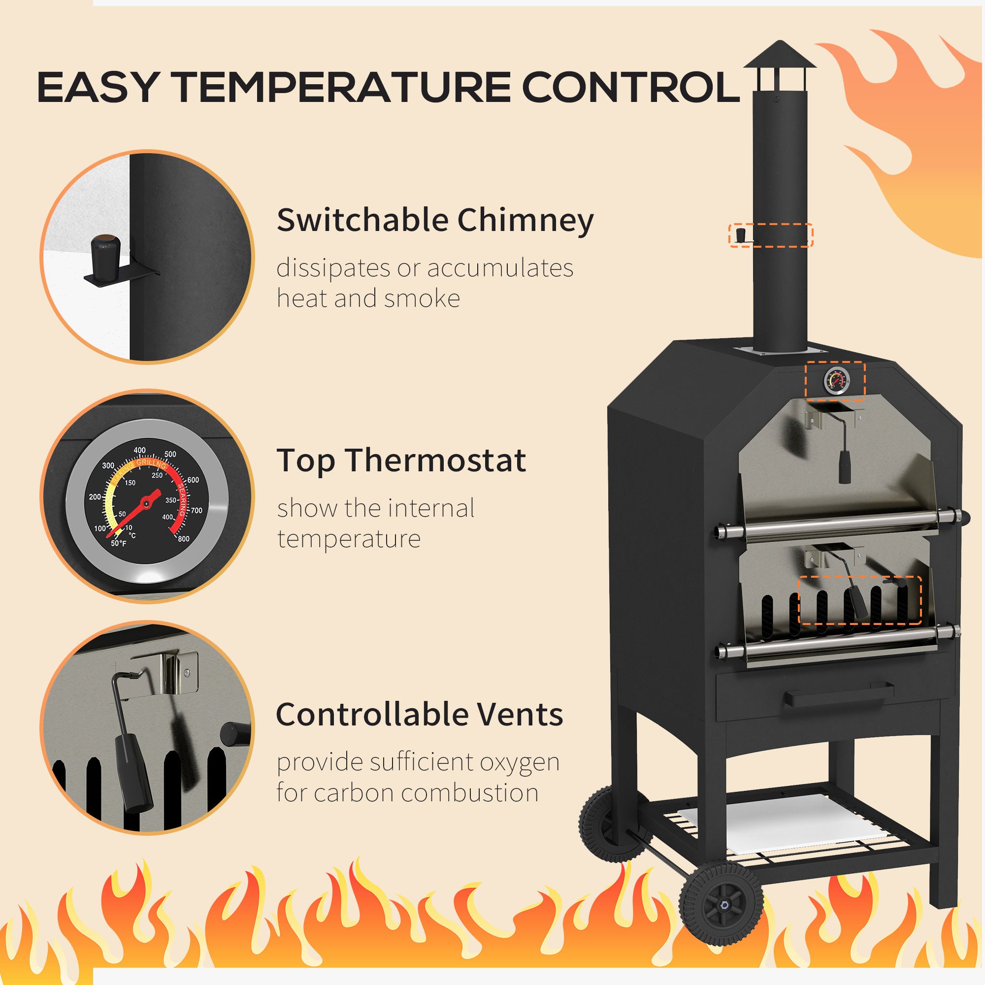 Outsunny Steel 3-Tier Outdoor Pizza Oven Charcoal BBQ Grill, Black - North Peak Garden Furniture