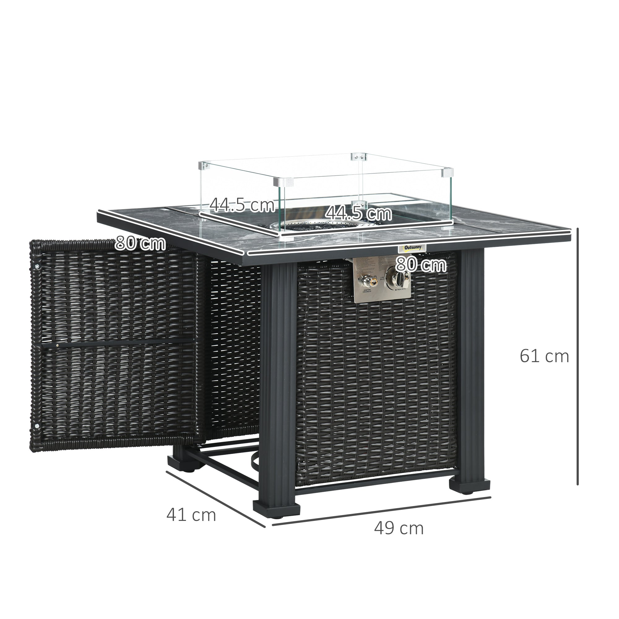 Outsunny Outdoor PE Rattan Gas Fire Pit Table, Patio Square Propane Heater with Marble Desktop, Rain Cover, Glass Windscreen, and Glass Stones, 50,000 BTU, Black - North Peak Garden Furniture