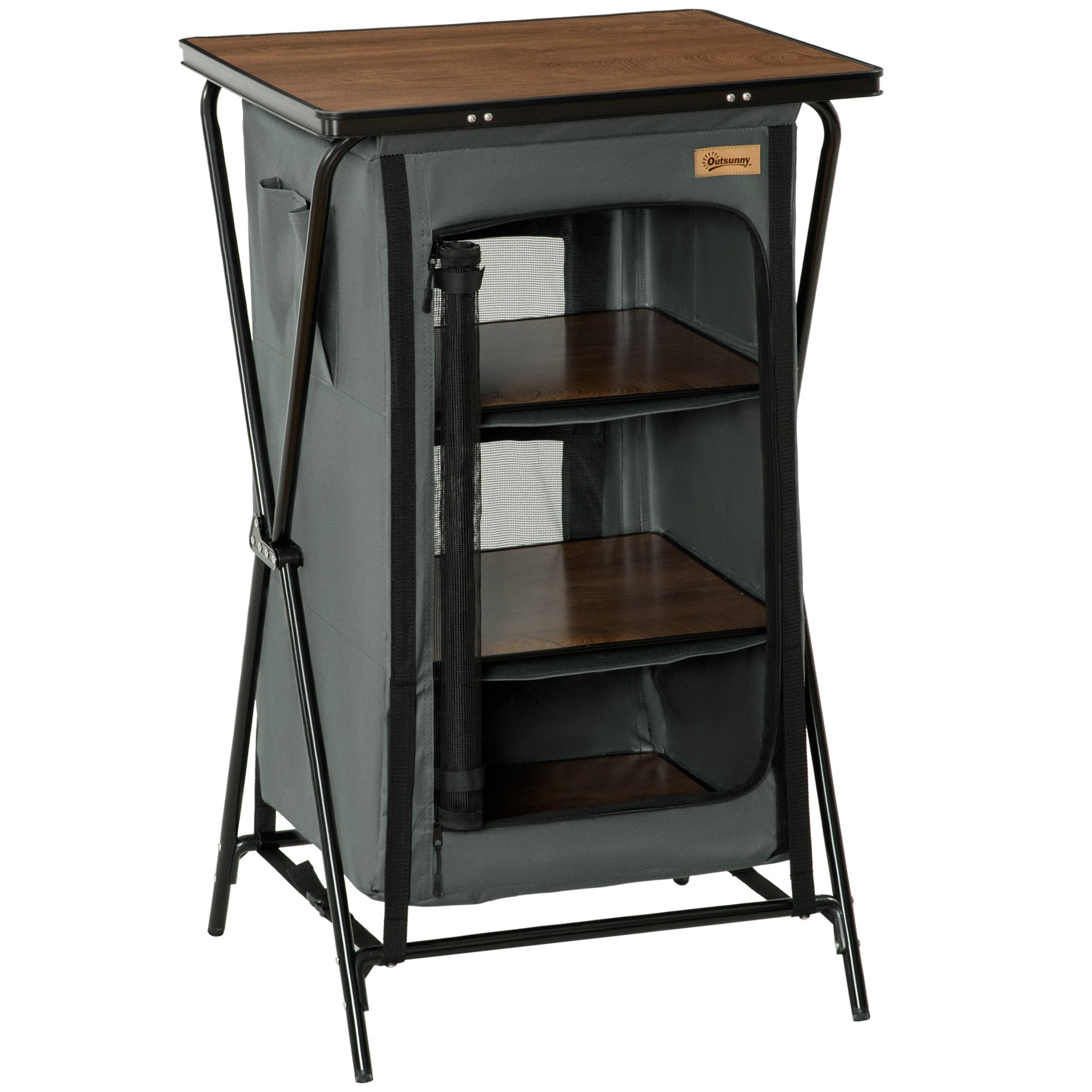 Outsunny Camping Cupboard, Aluminium Foldable Camping Kitchen Station Cook Table with Storage Shelves and Carrying Bag for BBQ Party Picnic Backyard - North Peak Garden Furniture