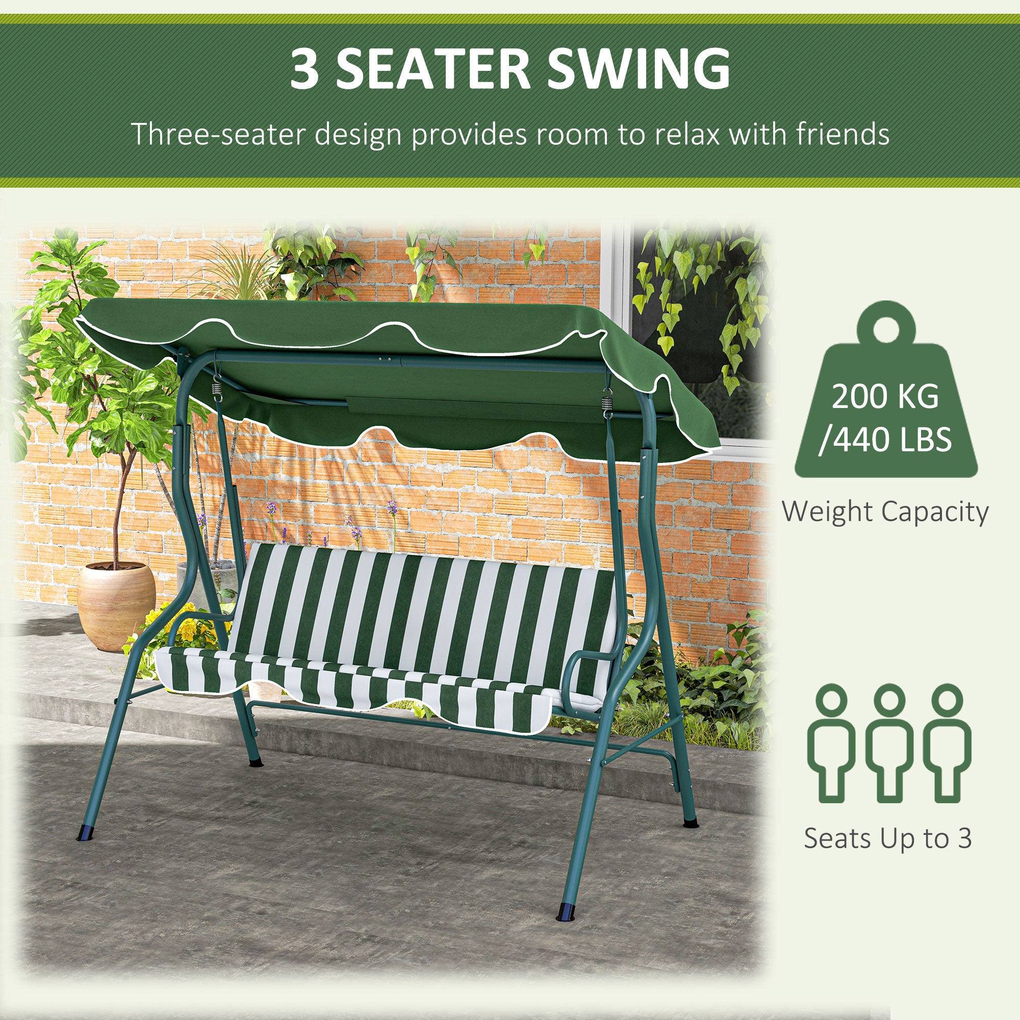 Outsunny 3 Seater Garden Swing Seat Chair Outdoor Bench with Adjustable Canopy and Metal Frame, Green Stripes