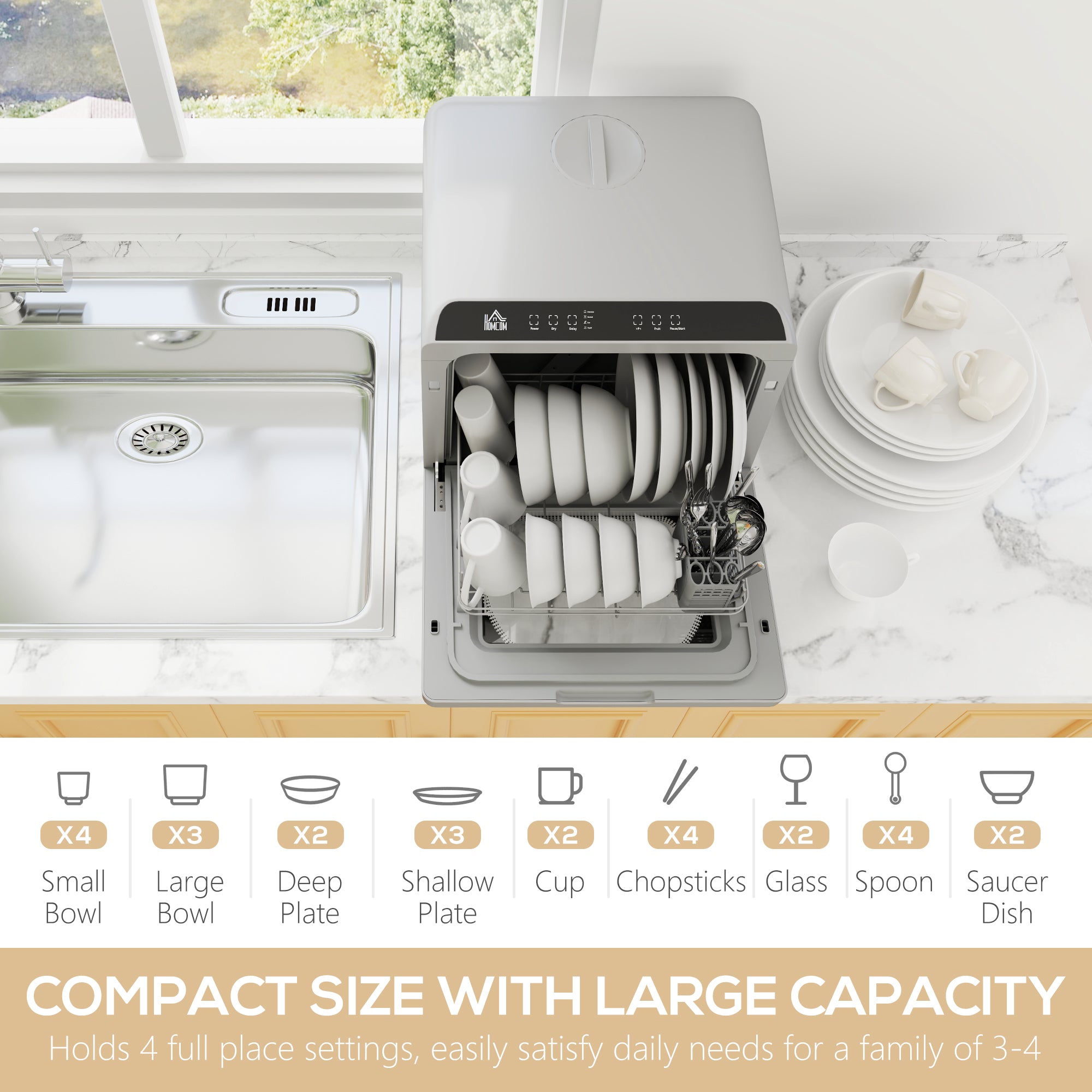 HOMCOM Tabletop Dishwasher, Mini Countertop Dishwasher with 4 Place Settings, 6 Programs, 6L Water Tank, Touch Control, LED Display, Delay Start, Dual Water Supply and Fruit Wash Mode, Silver Tone - North Peak Garden Furniture