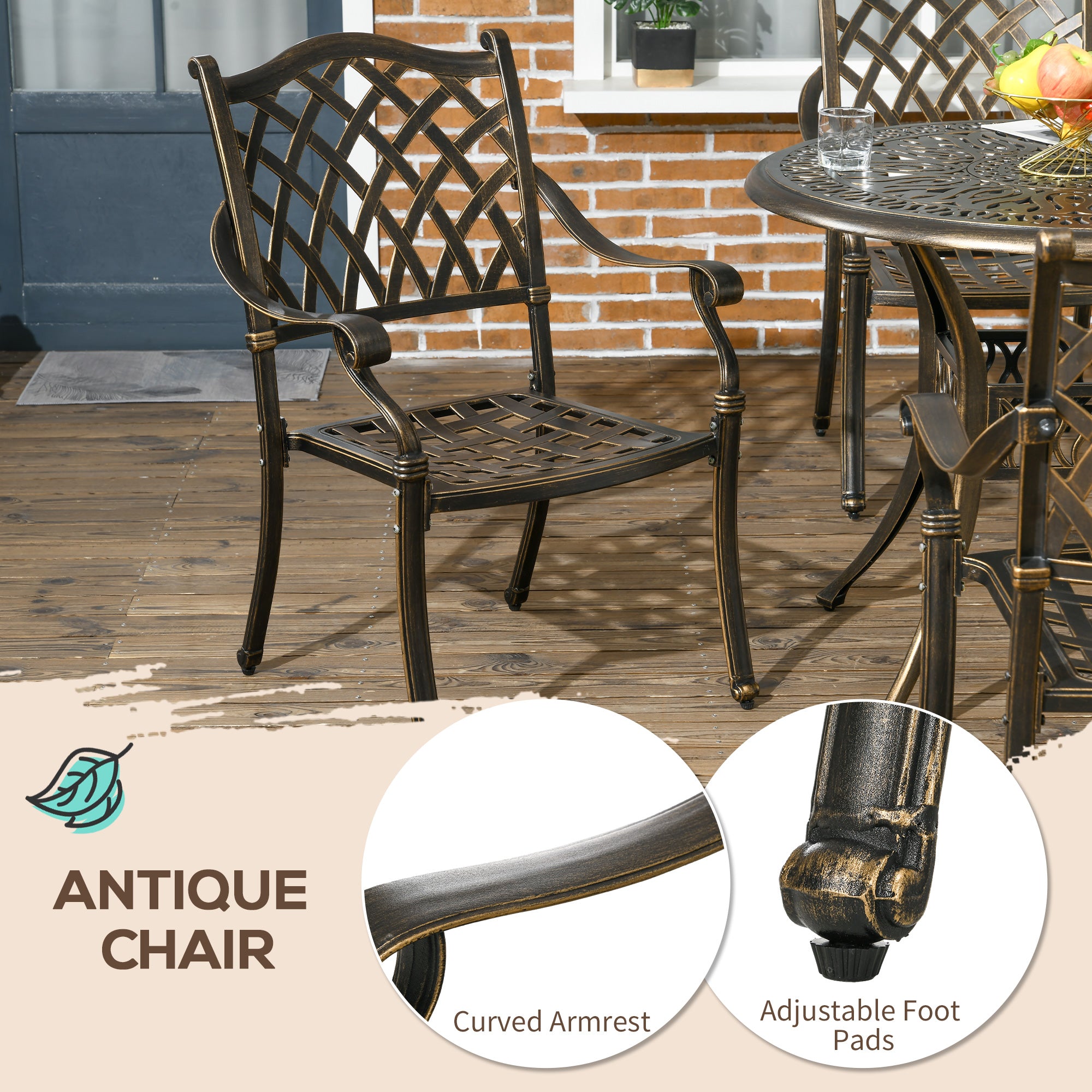 Outsunny 5-Piece Outdoor Furniture Dining Set, Cast Aluminum Conversation Set Includes 4 Chairs and Φ90cm Round Table with Φ50mm Umbrella Hole for Patio Garden Deck, Flower Design - North Peak Garden Furniture