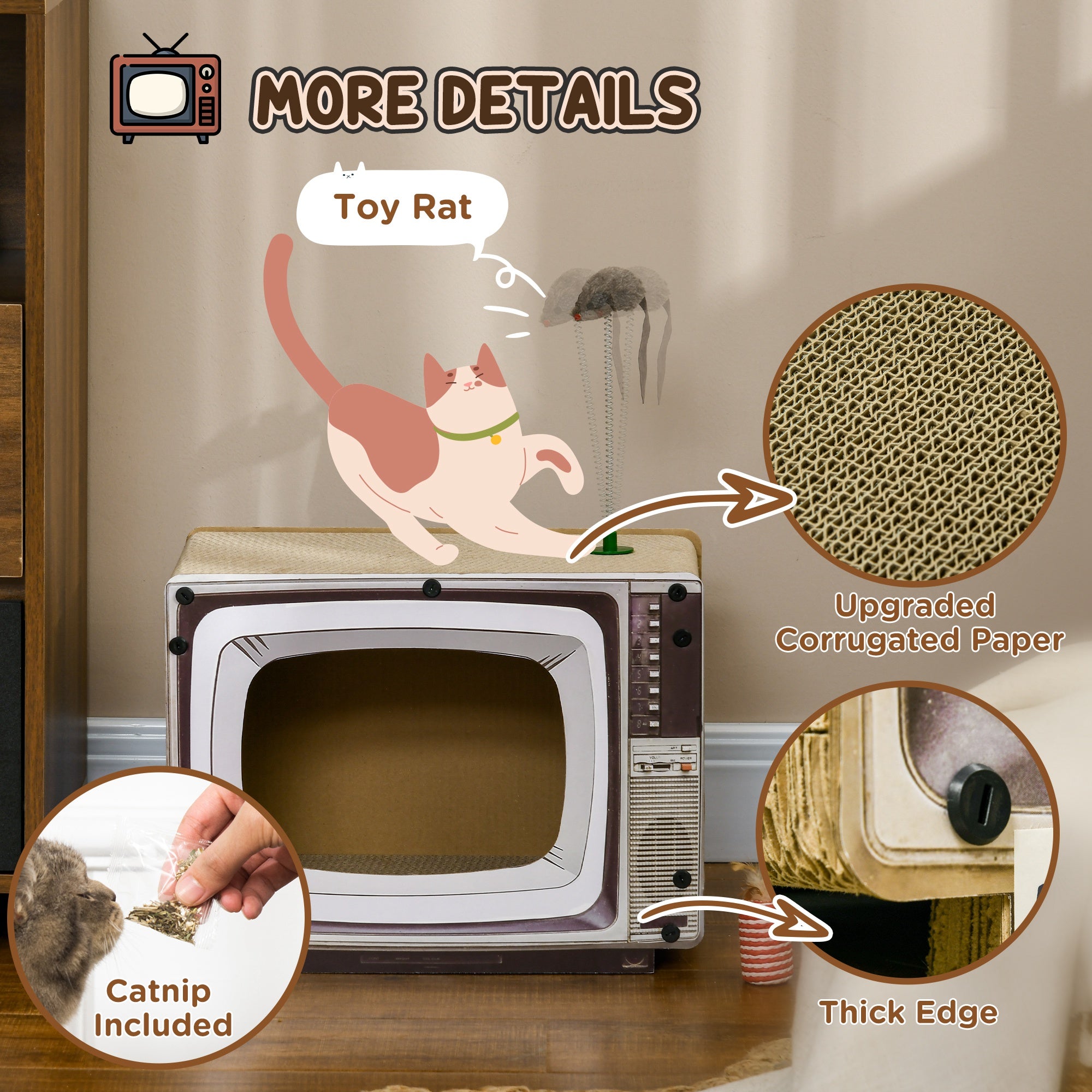 PawHut TV-Shaped Scratching Board with Scratcher, Catnip, Toy Rat, Cat Scratcher for Indoor Cats, 43 x 23 x 32.5cm - North Peak Garden Furniture