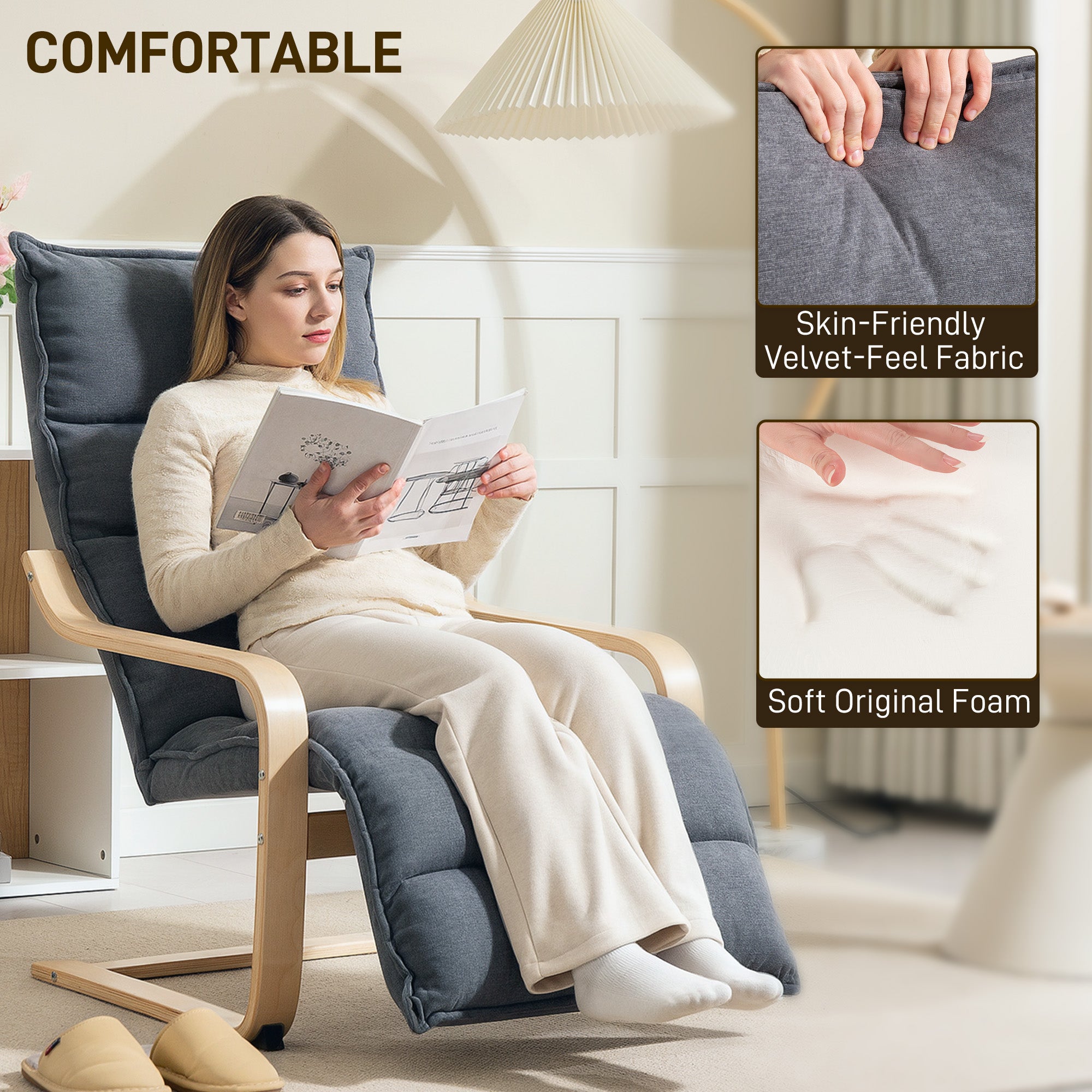 HOMCOM Curved Wooden Accent Chair, with Adjustable Footrest - Drak Grey - North Peak Garden Furniture