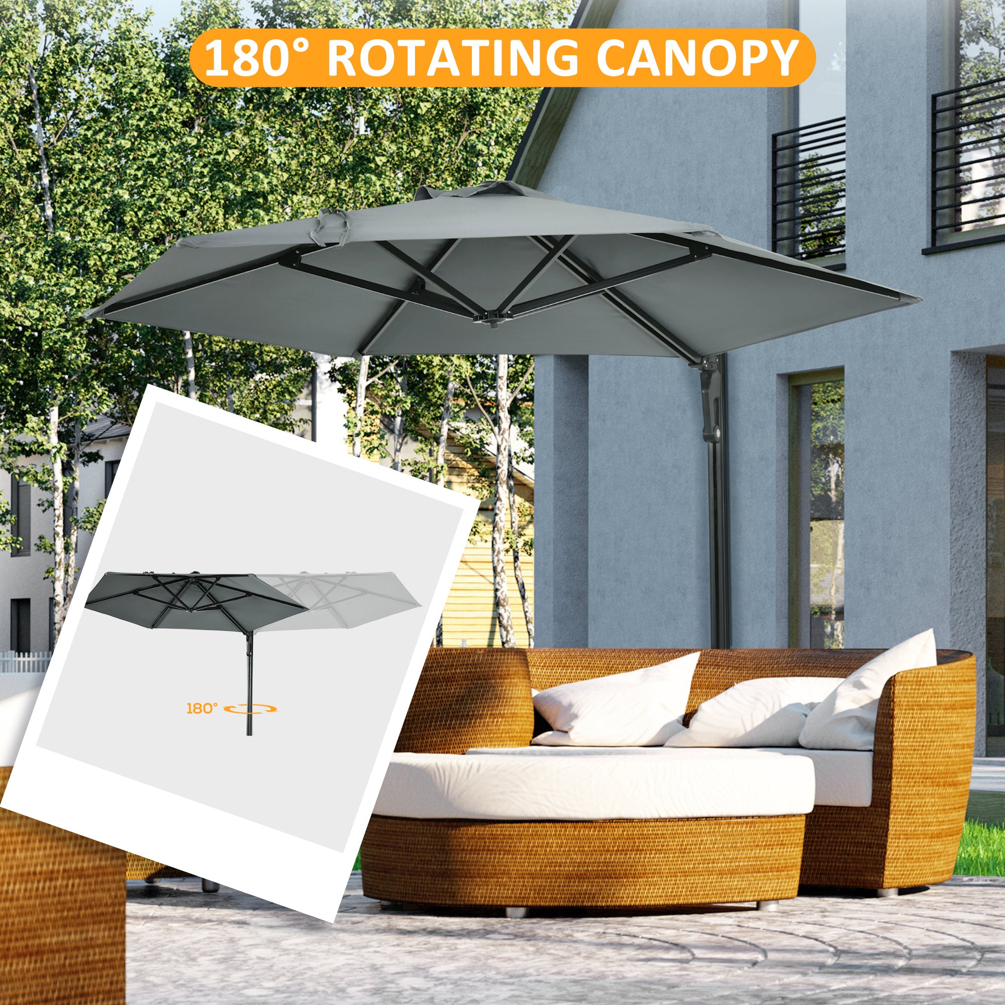 Outsunny 2.5m Wall Mounted Parasol, Hand to Push Outdoor Patio Umbrella with 180 Degree Rotatable Canopy for Porch, Deck, Garden, 250 cm, Grey - North Peak Garden Furniture