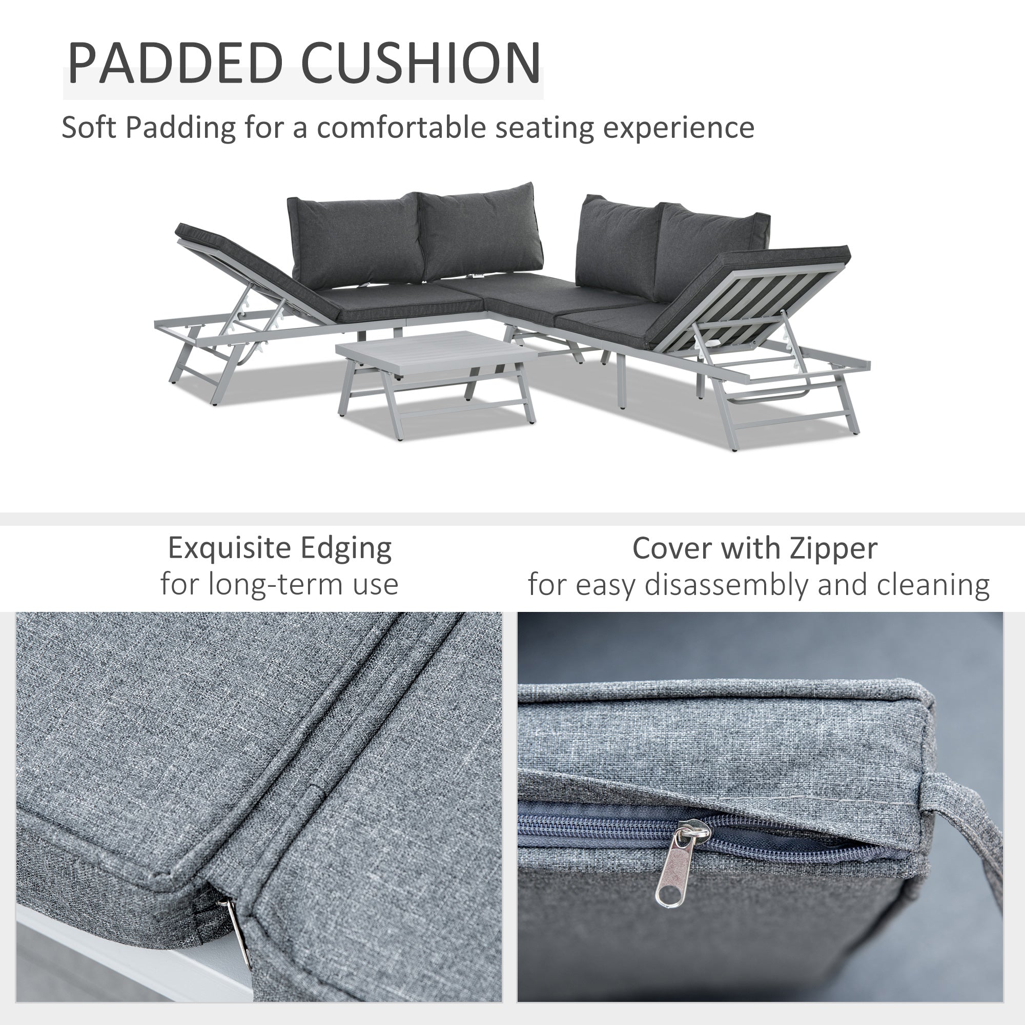 Outsunny 3 Pieces Garden Furniture Sets, 6 Seater Corner Sofa Set with Adjustable Backrest Chase Lounge with Slatted Metal Top Table, Padded Cushion, Grey - North Peak Garden Furniture