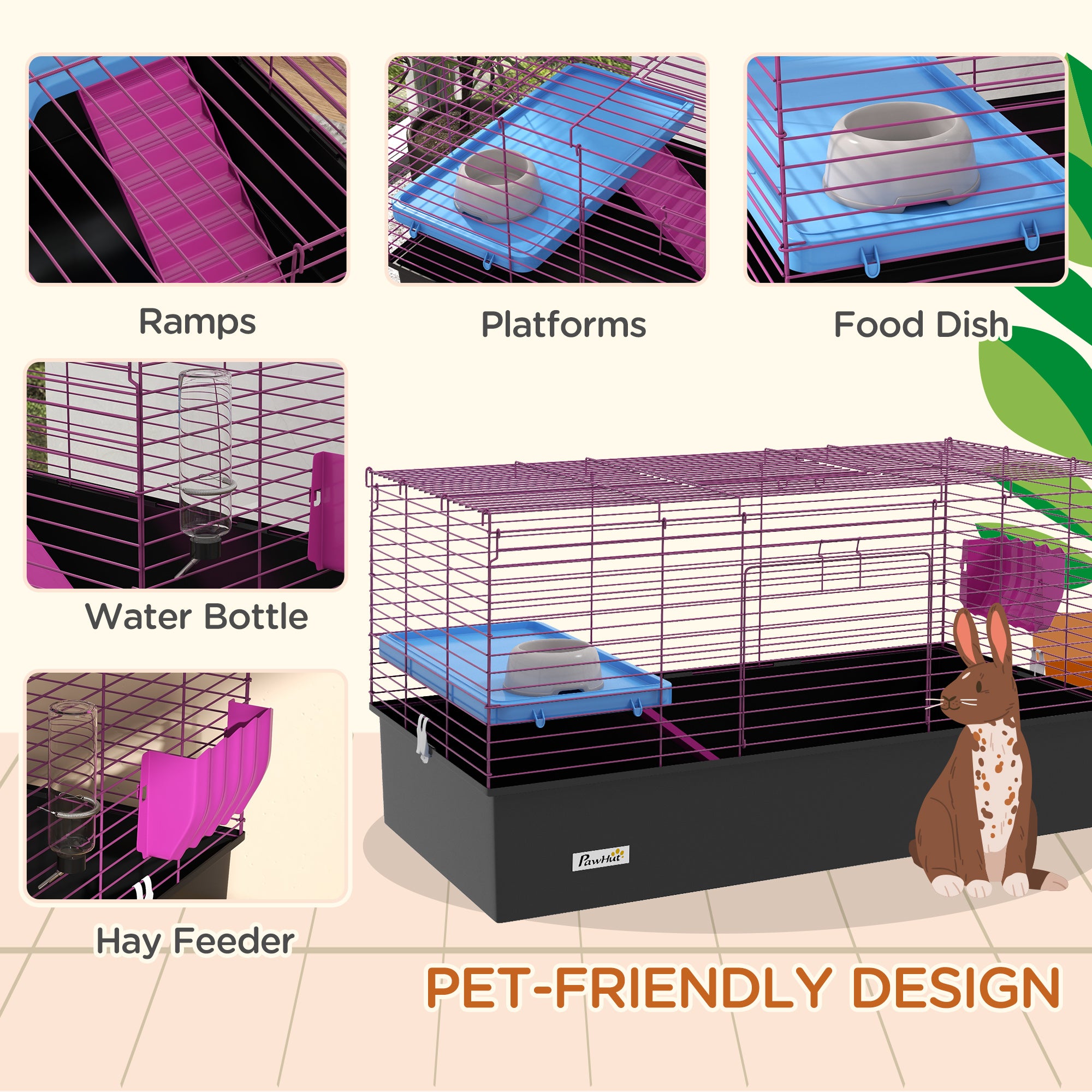 PawHut Chinchillas Small Rabbit Guinea Pig Small Animal Cage, Pet Playhouse, with Platform, Ramp, 99 x 52 x 53cm, Black - North Peak Garden Furniture
