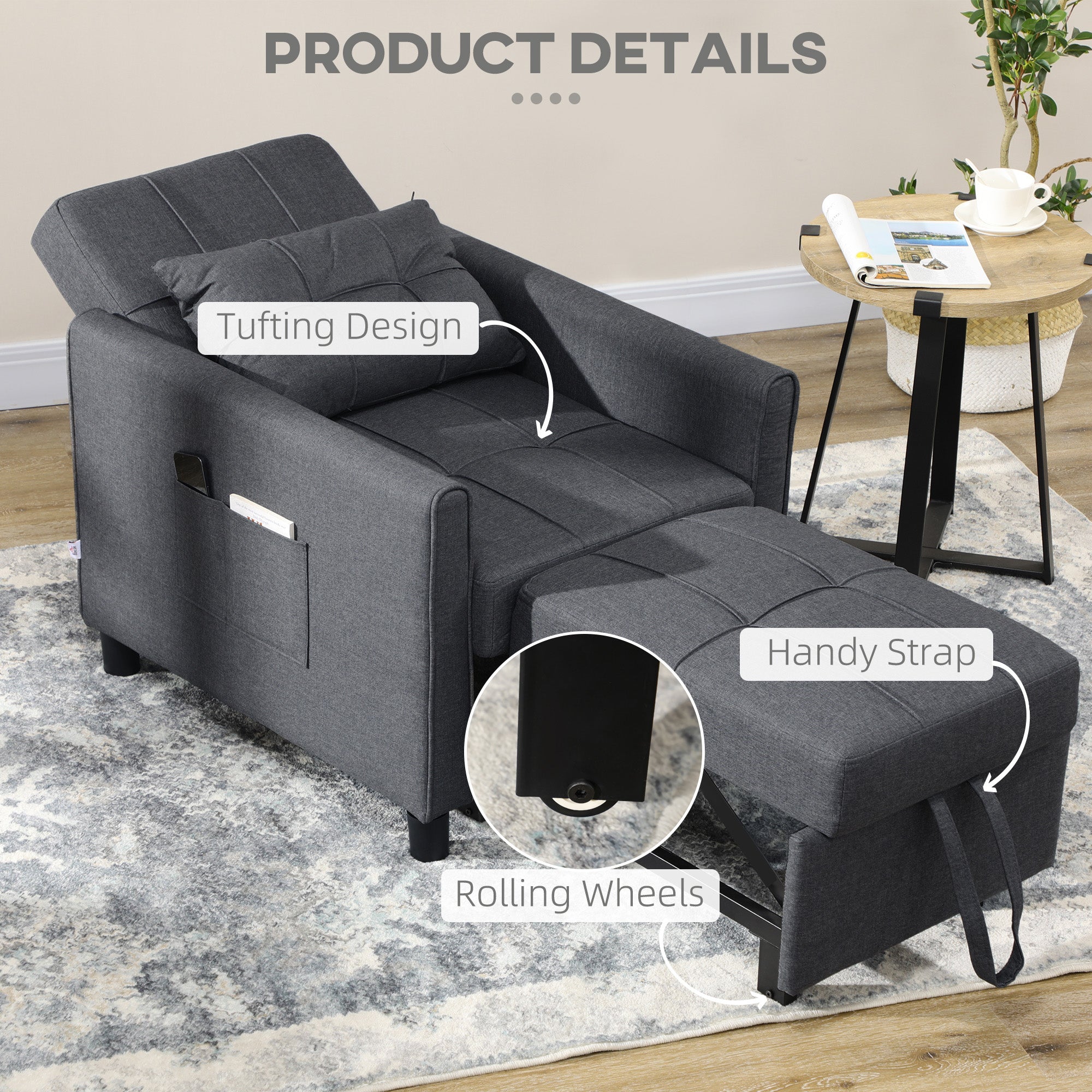 HOMCOM 3-In-1 Convertible Chair Bed, Pull Out Sleeper Chair with Adjustable Backrest, Side Pockets, Grey - North Peak Garden Furniture