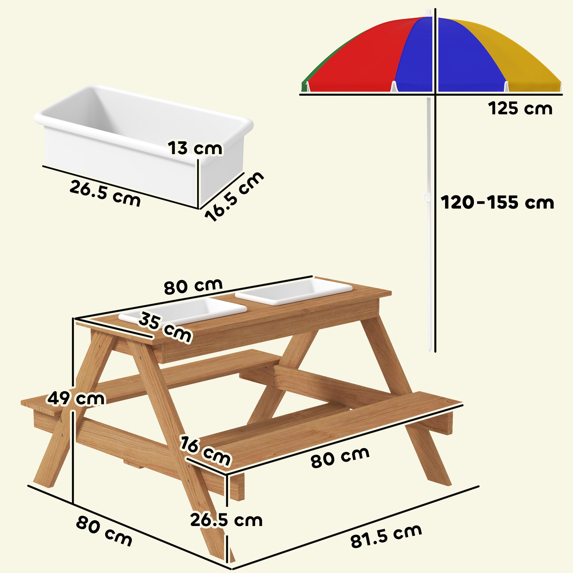AIYAPLAY Kids Picnic Table, Sand and Water Table with Wooden Benches, Adjustable Parasol and Storage Bins, Multicolour - North Peak Garden Furniture