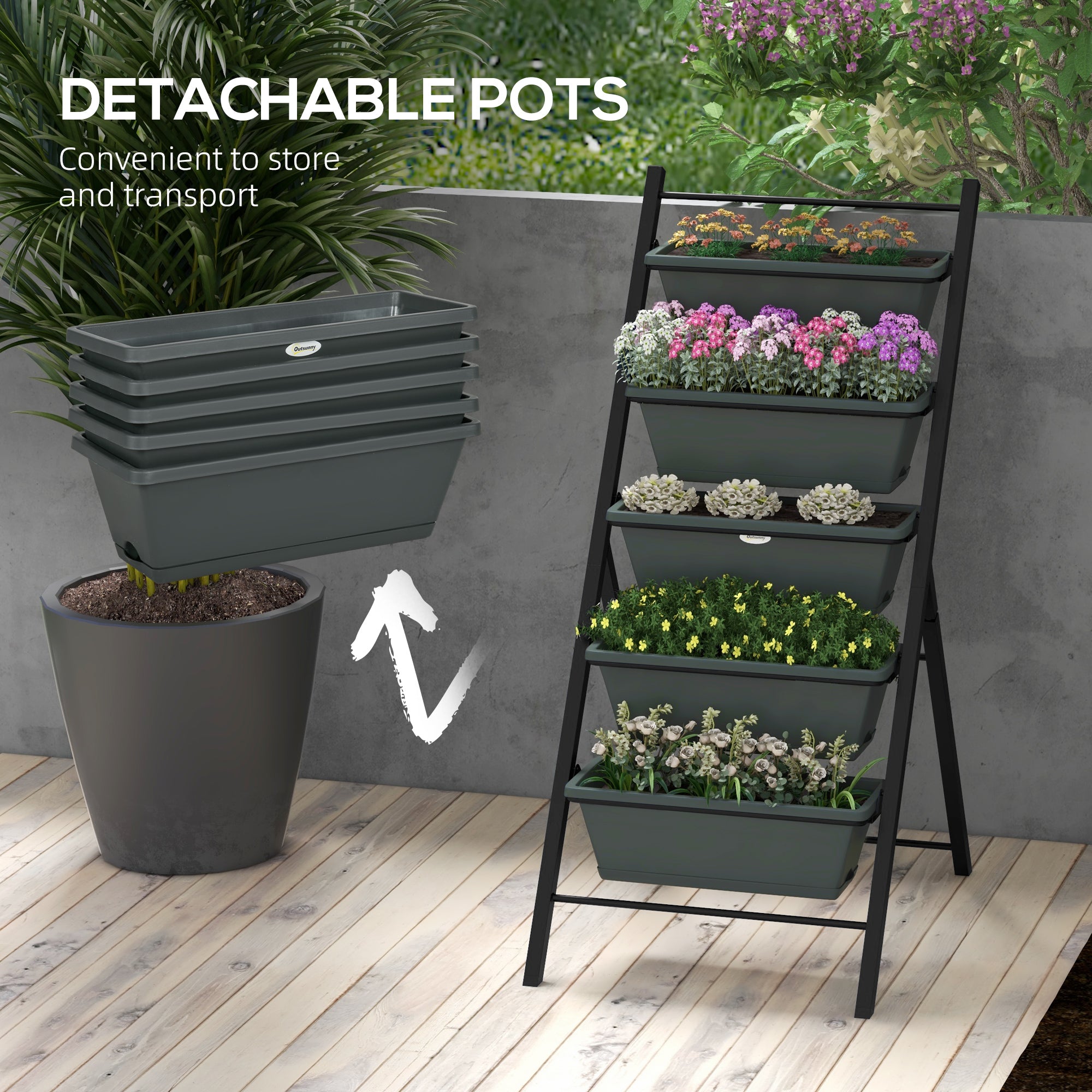 Outsunny 5-Tier Vertical Raised Garden Planter with 5 Container Boxes, Outdoor Plant Stand for Vegetable Flowers, Grey - North Peak Garden Furniture