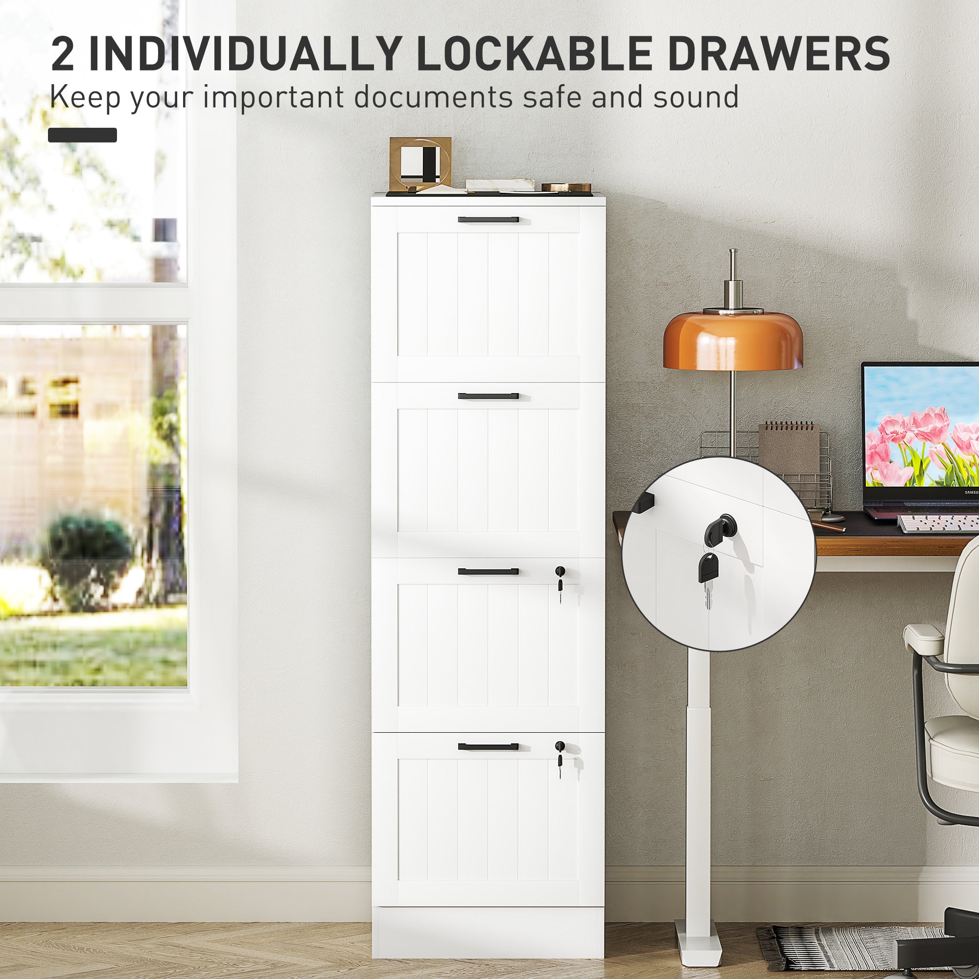 HOMCOM 4 Drawer Filing Cabinet with Lock, Office Storage Cabinet with Adjustable Hanging Bars for A4 Letter Size Files, White
