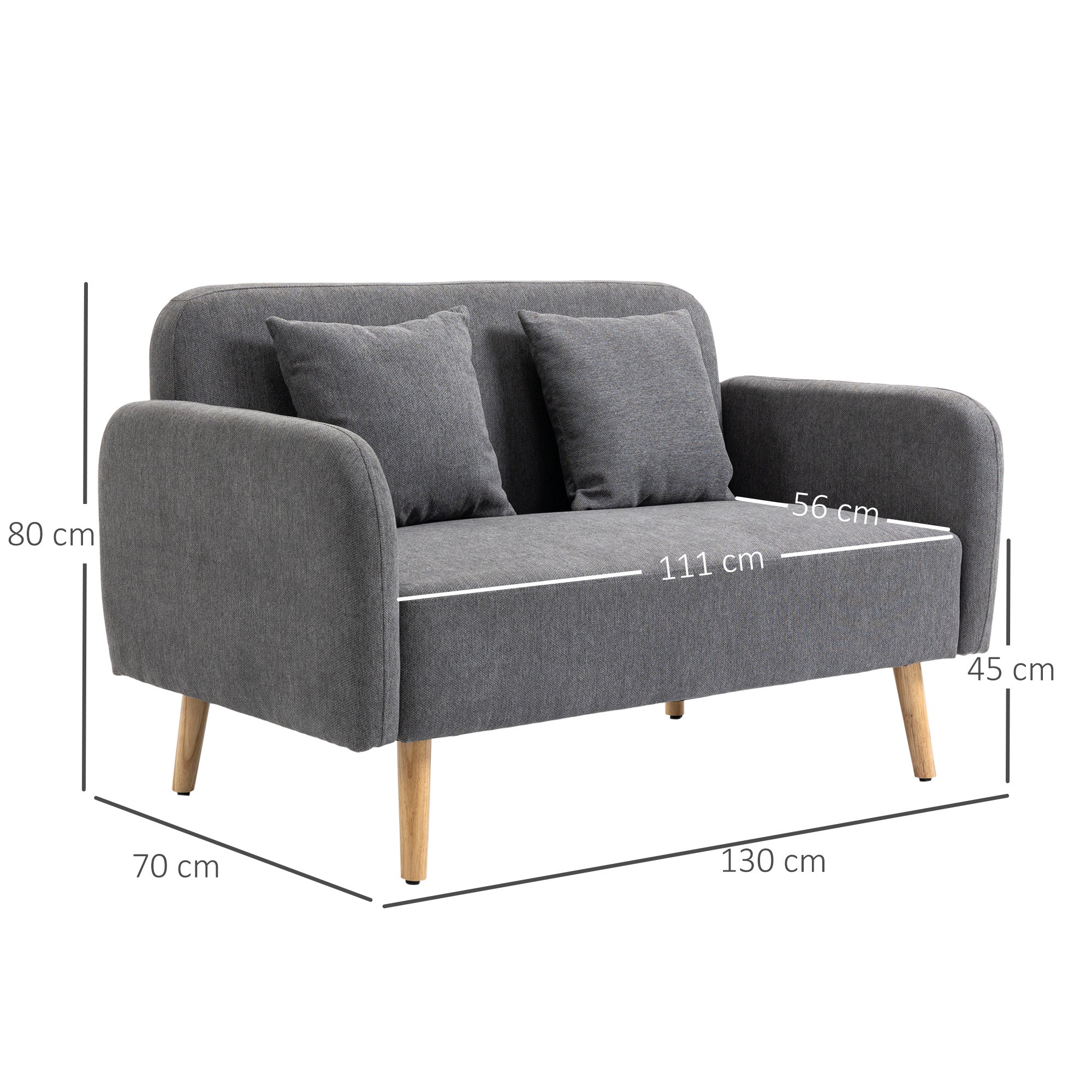 HOMCOM 2 Seater Sofa, Modern Fabric Loveseat Sofa, Small Couch with 2 Pillows, Armrest and Wood Legs for Living Room, Bedroom, Home Office, Grey - North Peak Garden Furniture