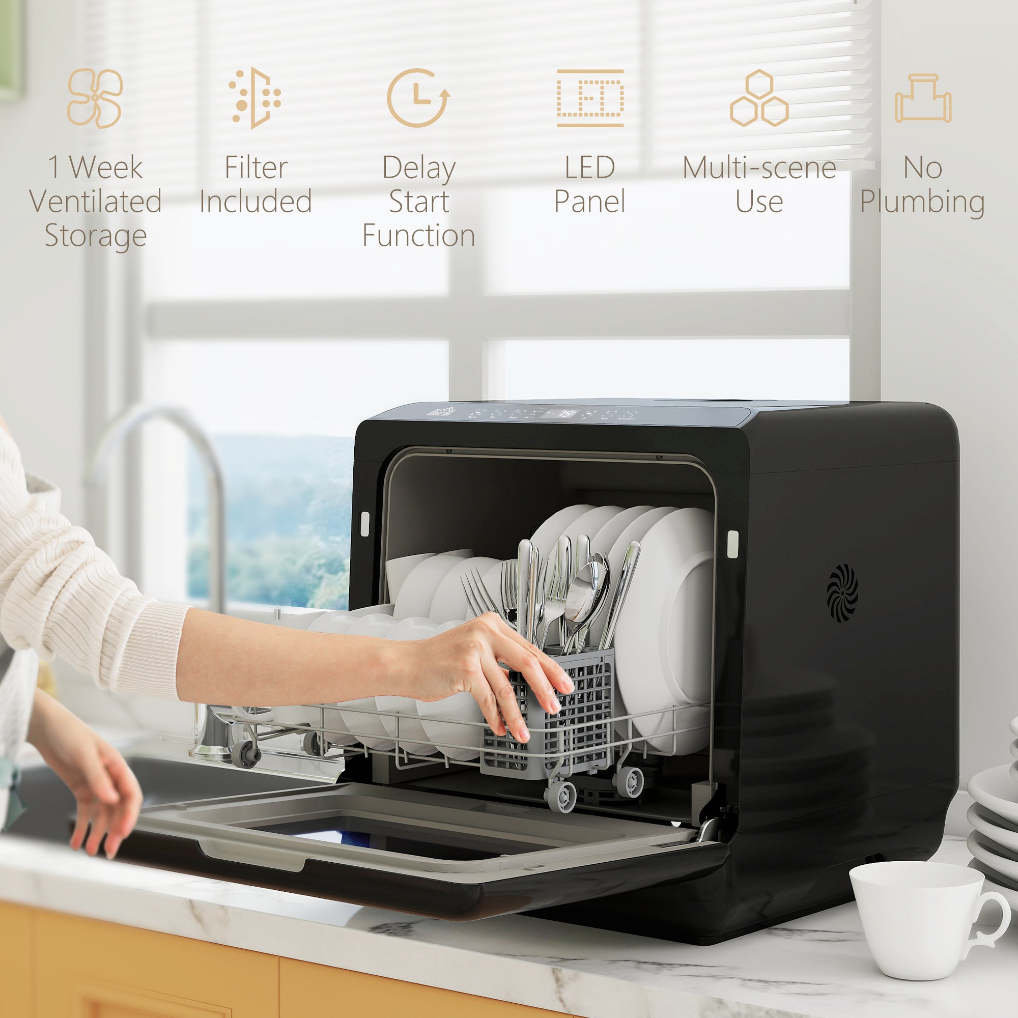 HOMCOM Table Top Dishwasher, Mini Countertop Dishwasher with Built-in 6L Water Tank, 6 Programs, Touch Control, LED Display, 4 Place Settings, Dual Water Supply and Air Drying Function, White