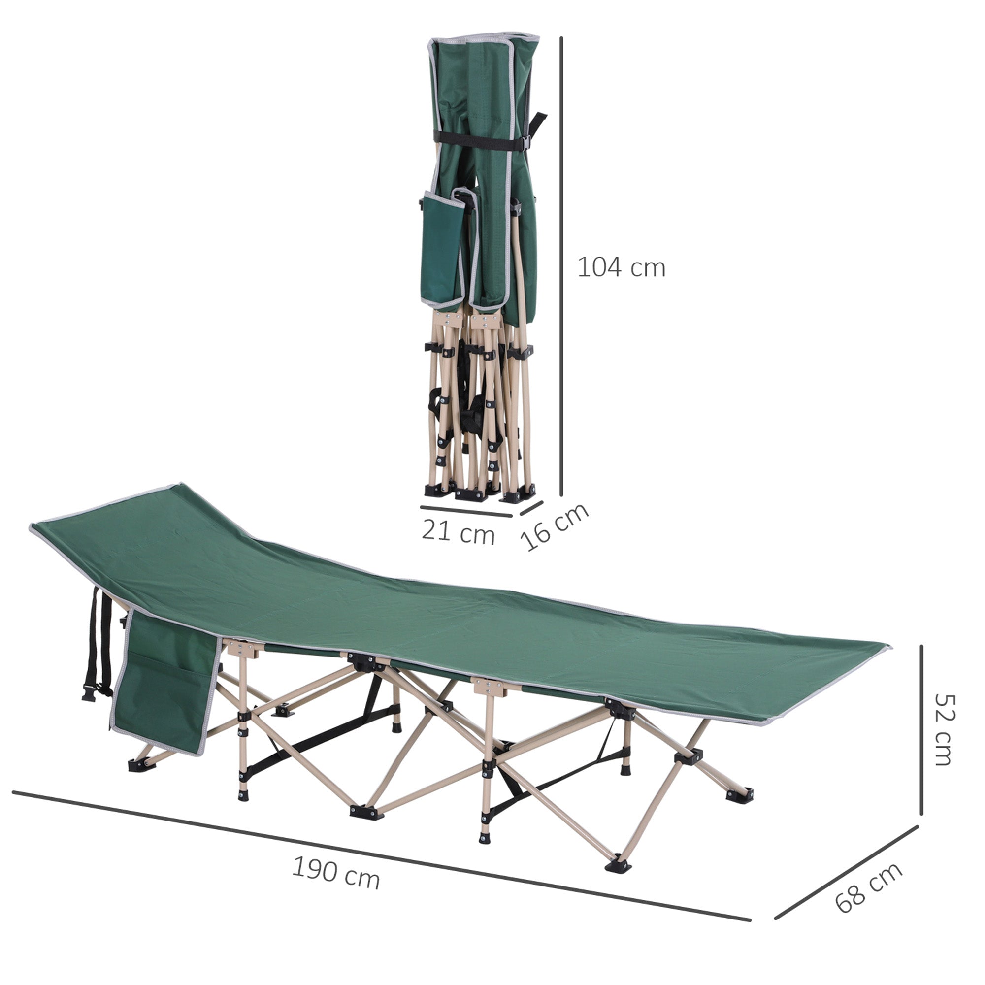 Outsunny Single Person Camping Bed Folding Cot Outdoor Patio Portable Military Sleeping Bed Travel Guest Leisure Fishing with Side Pocket and Carry Bag - Green - North Peak Garden Furniture