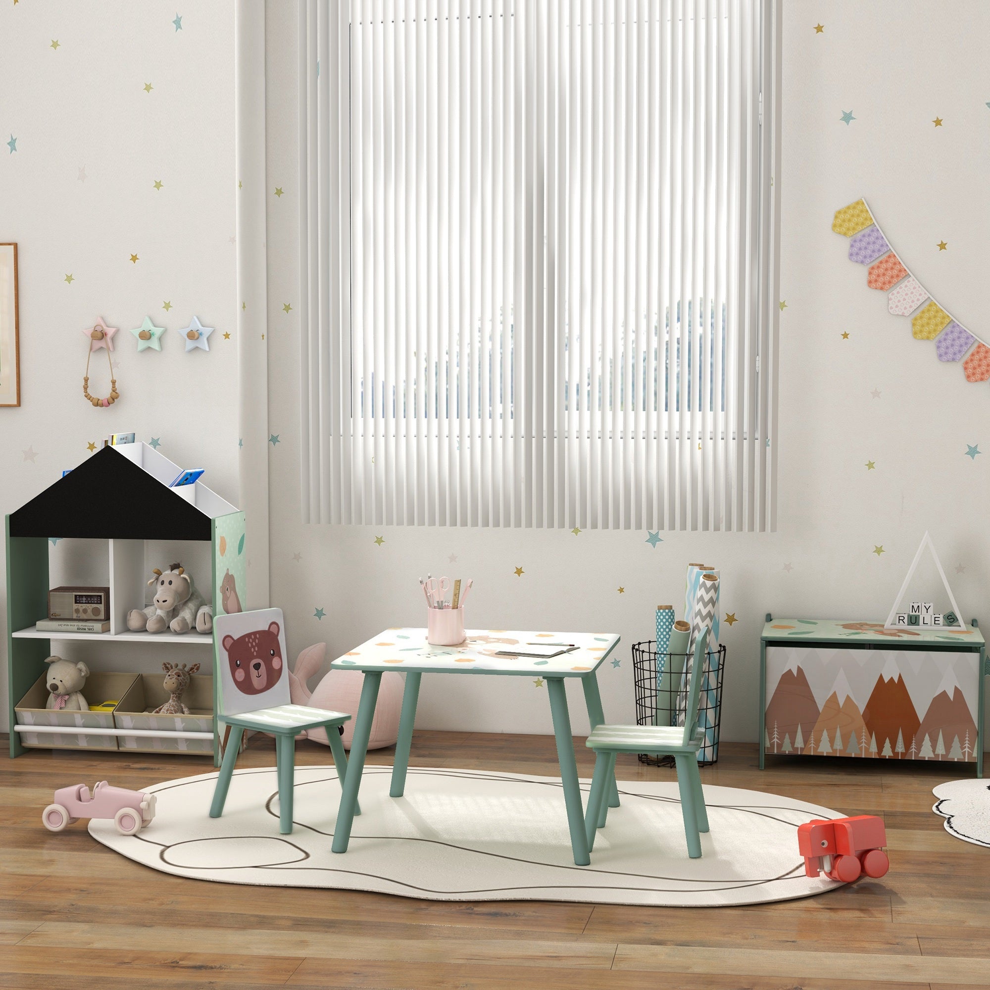 ZONEKIZ Kids and Table Chairs, Children Desk with Two Chairs, Toddler Furniture Set, for Ages 3-6 Years - Green - North Peak Garden Furniture