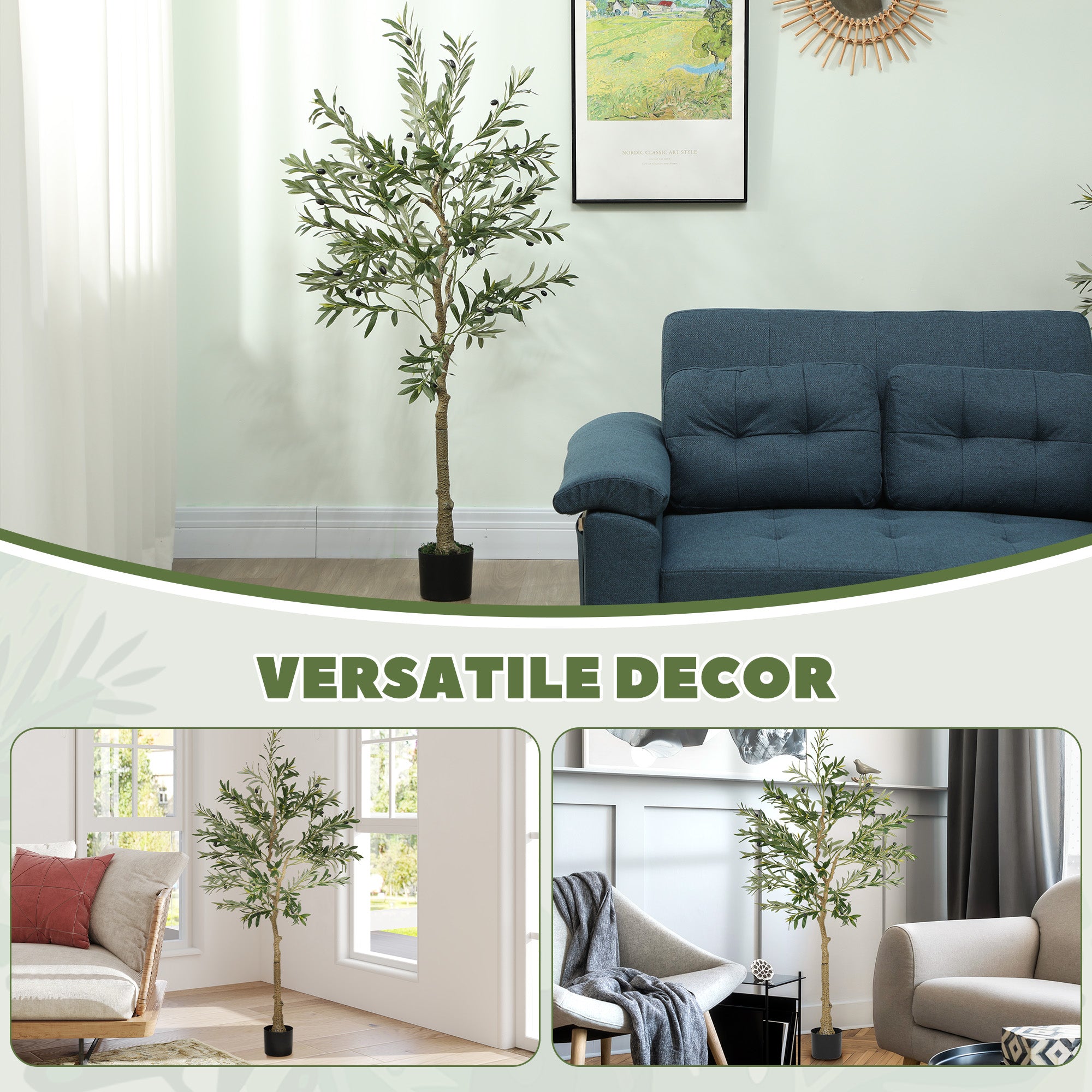 HOMCOM 5ft/ 150cm Decorative Artificial Plant, Silk Olive Tree with 720 Leaves and 32 Olive Fruits in Pot, Fake Plant for Home, Office, Living Room, Indoor Decor - North Peak Garden Furniture