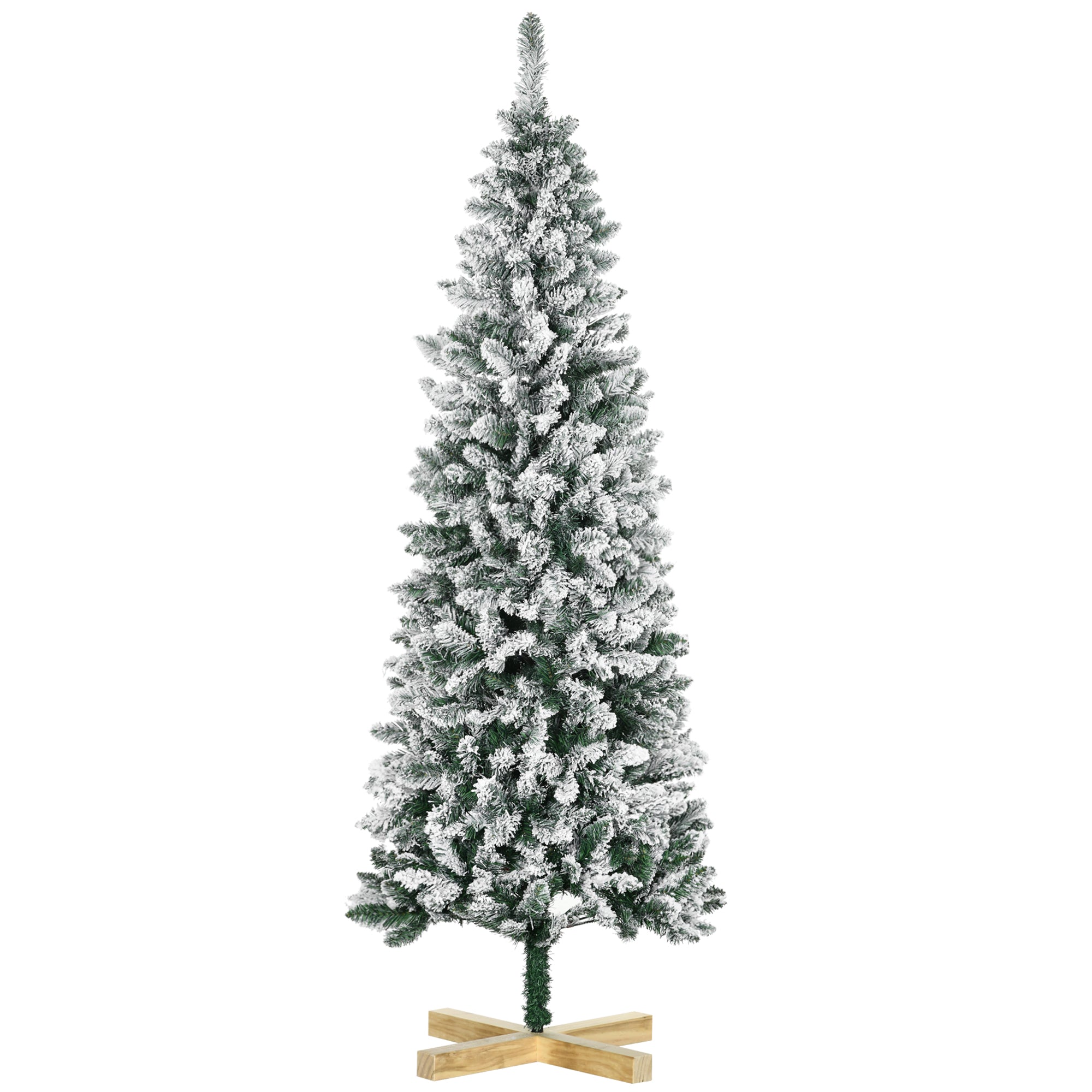 HOMCOM 6 Ft Snow Flocked Artificial Christmas Tree, Xmas Pencil Tree with Realistic Branches, Auto Open, Pinewood Base, Green - North Peak Garden Furniture