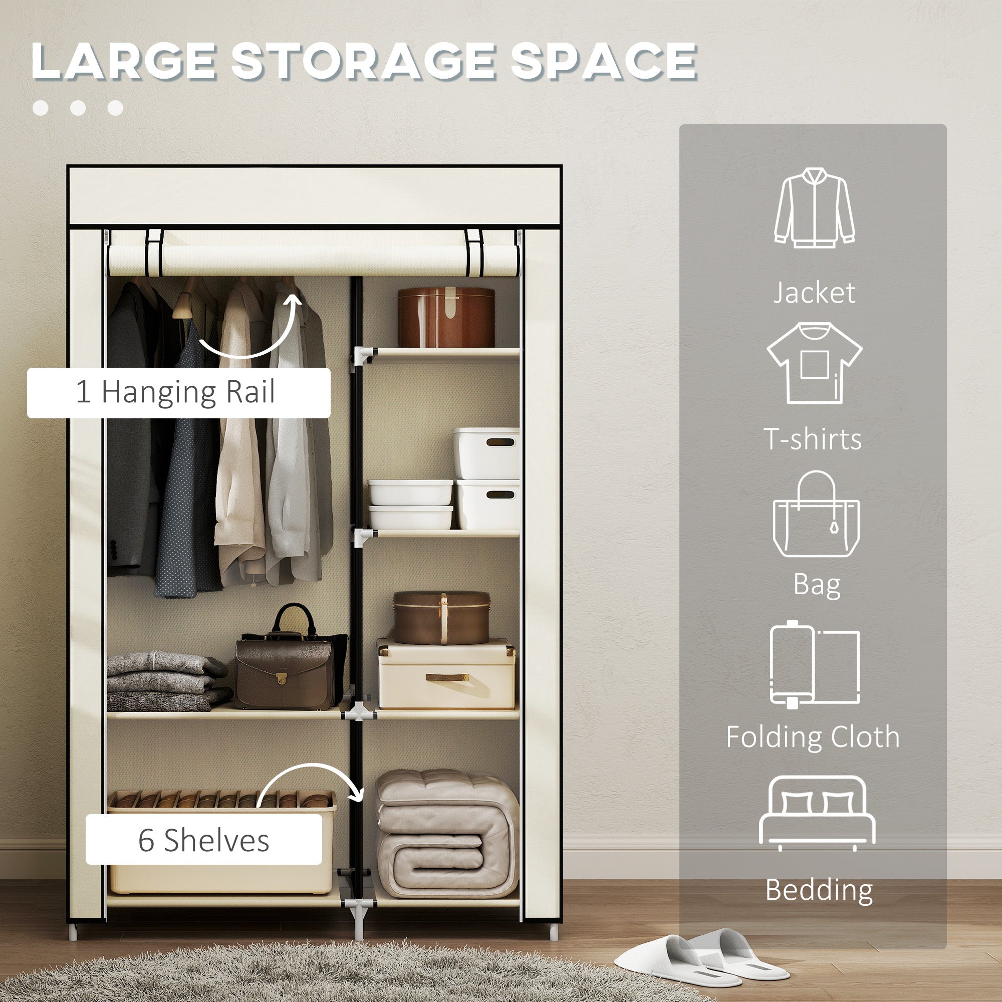 HOMCOM Fabric Wardrobe, Portable Wardrobe with 6 Shelves, 1 Hanging Rail, Foldable Closets, 103 x 43 x 162.5 cm, Cream White
