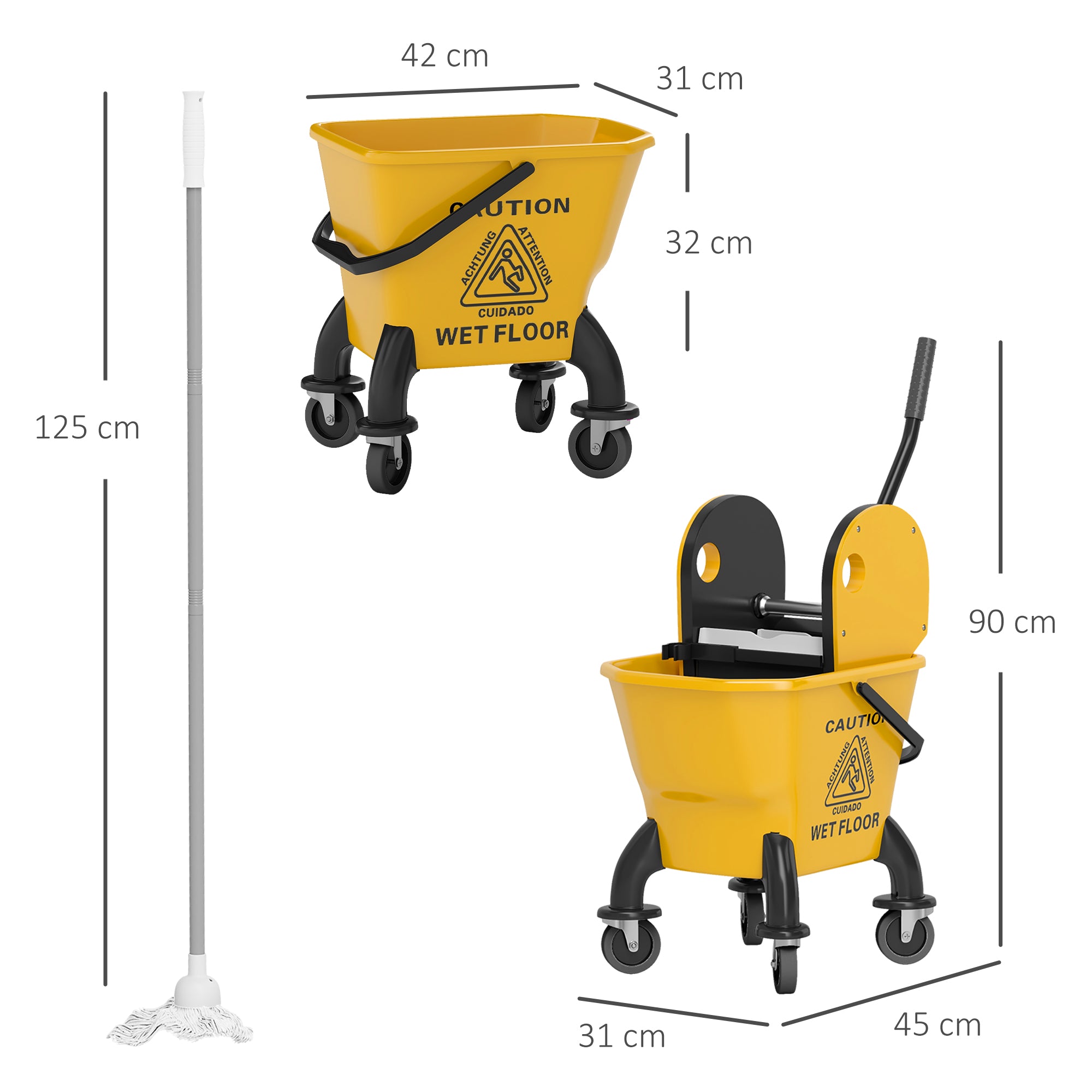 HOMCOM 26 Litre Mop Bucket, with Wringer and Mop - Yellow - North Peak Garden Furniture