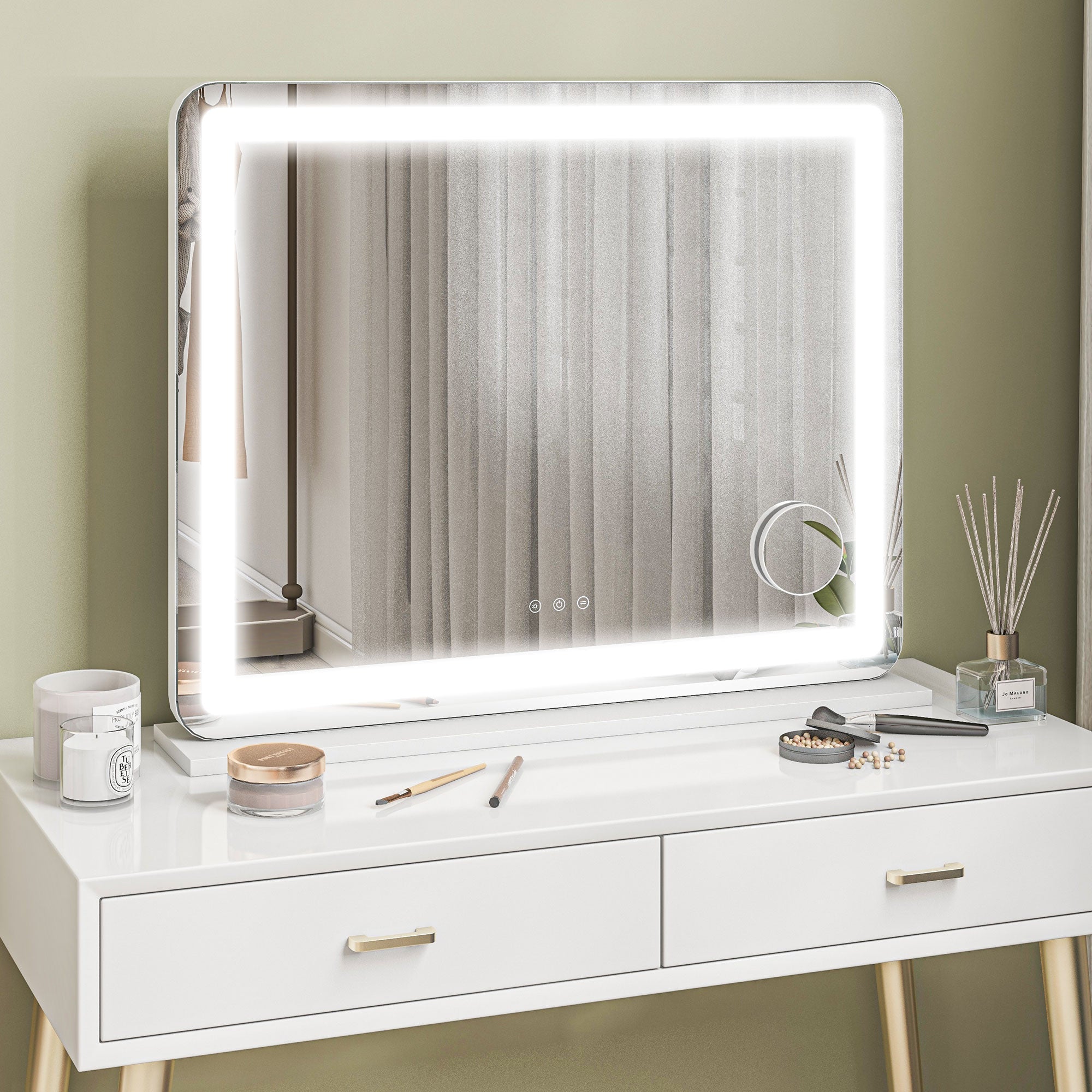 HOMCOM Vanity Mirror with Lights, Large Lighted Makeup Mirror with 3 Colour Lighting Modes, 10X Magnifying, USB Charging Port, Touch Screen, Tabletop or Wall Mounted Design for Bedroom, White - North Peak Garden Furniture