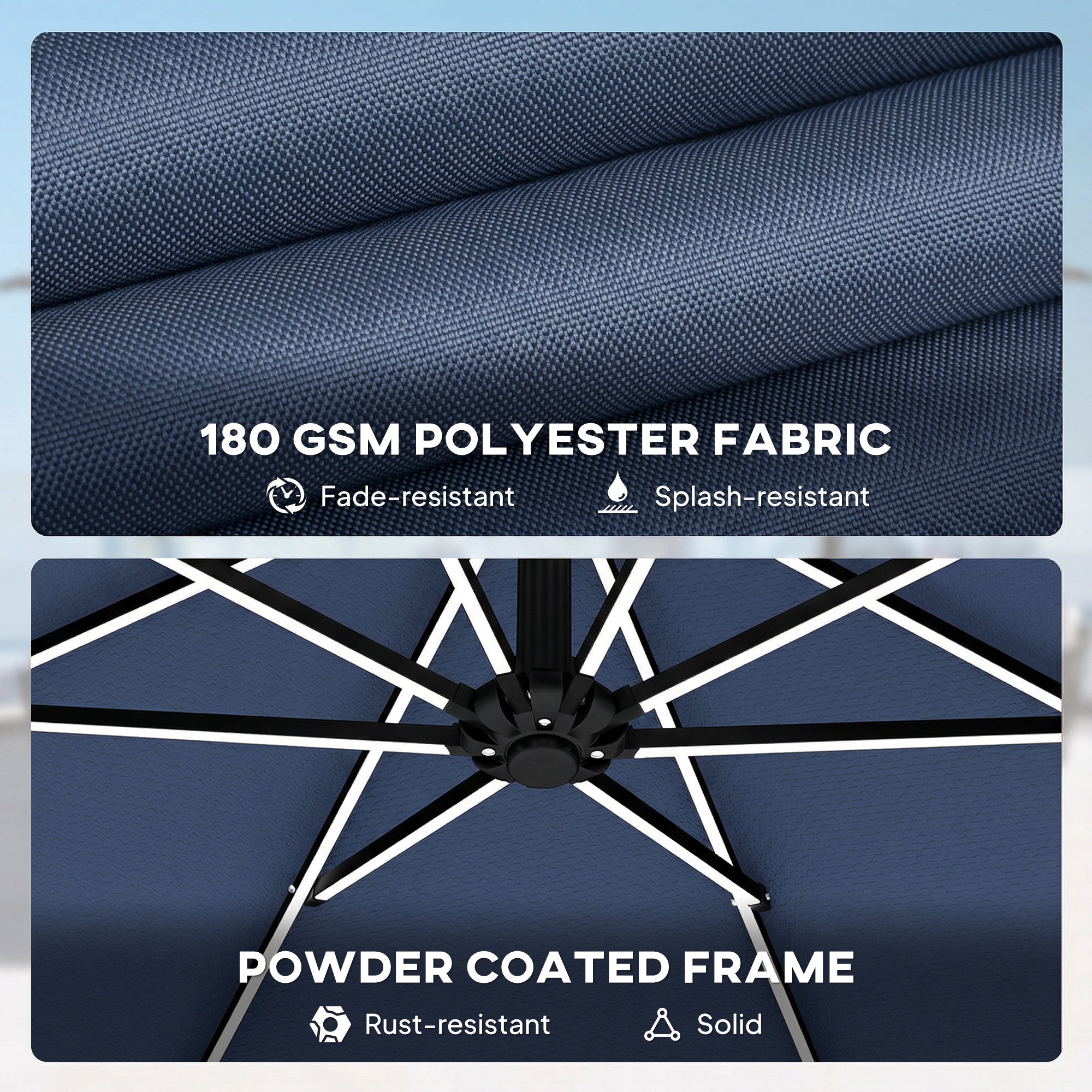 Outsunny 3 m Garden Cantilever Parasol with LED Solar Light, Round Overhanging Umbrella with 360° Rotation, Cover, Navy Blue