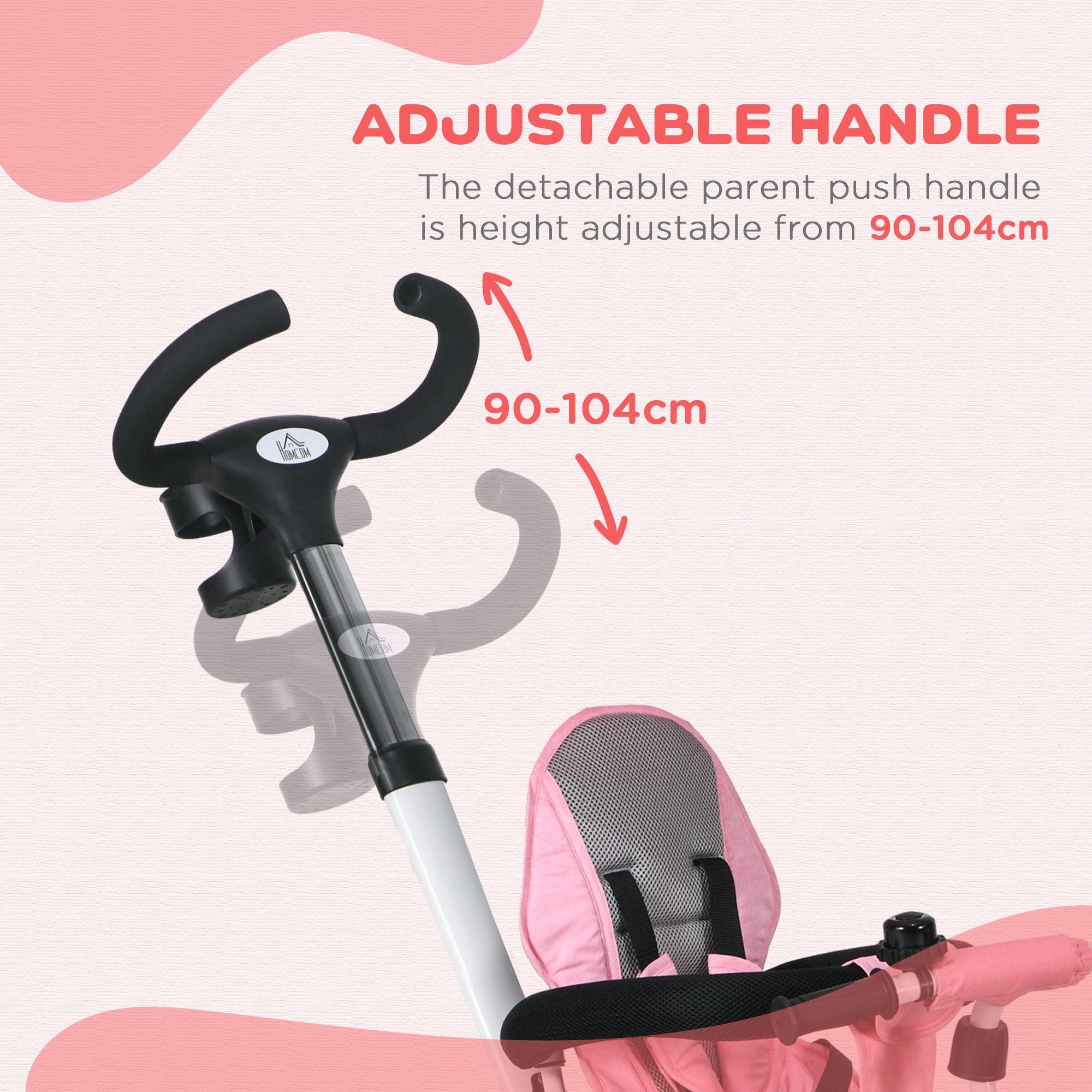 HOMCOM Metal Frame 6 in 1 Baby Push Tricycle with Parent Handle for 1-5 Years Old, Pink