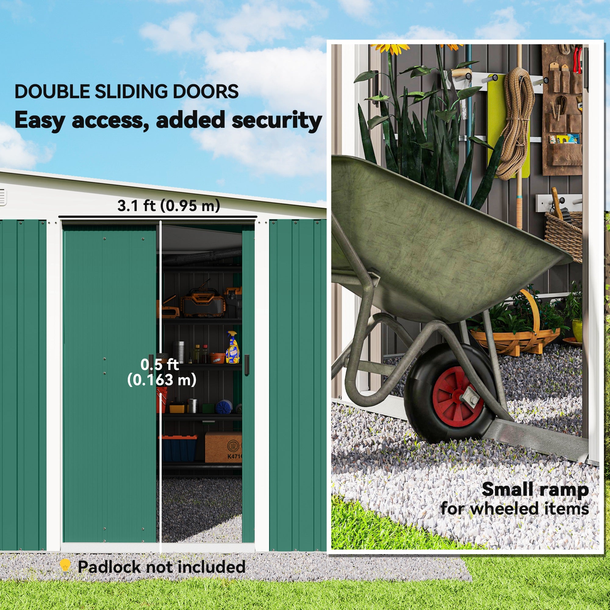 Outsunny Garden Metal Storage Shed Outdoor Metal Tool House with Double Sliding Doors and 2 Air Vents, 11.3x9.2ft, Green - North Peak Garden Furniture