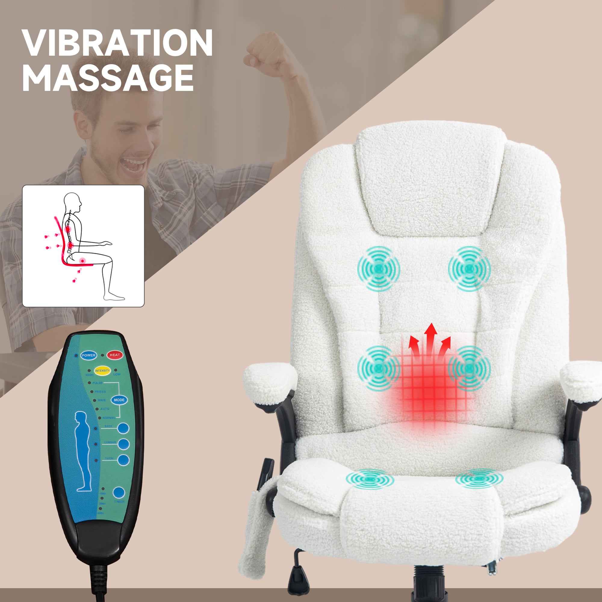 Vinsetto Boucle Six-Point Massage Office Chair - White - North Peak Garden Furniture