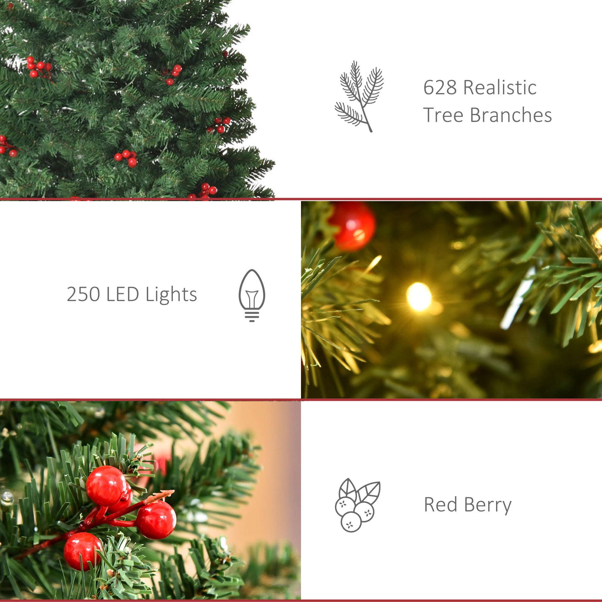 HOMCOM 6FT Prelit Artificial Pencil Christmas Tree with Warm White LED Light, Red Berry, Holiday Home Xmas Decoration, Green - North Peak Garden Furniture