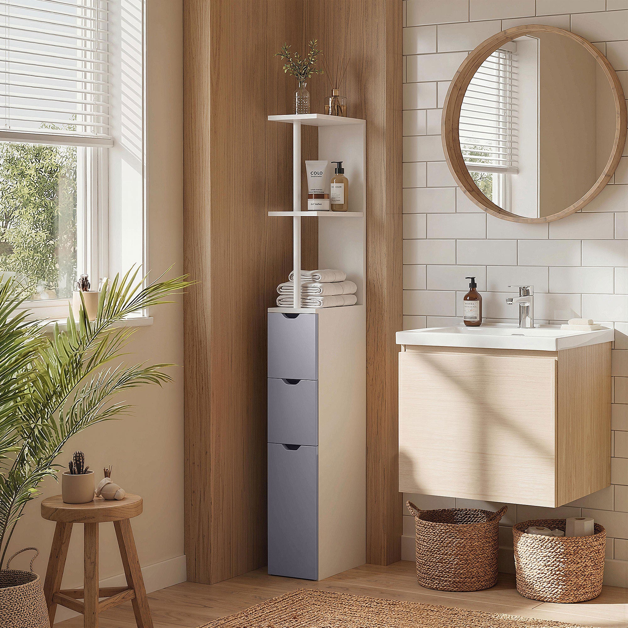 HOMCOM Tall Bathroom Cabinet, Freestanding Bathroom Storage Cabinet with 2-Tier Shelf and Drawers, Narrow Cupboard Storage Unit, White, Grey