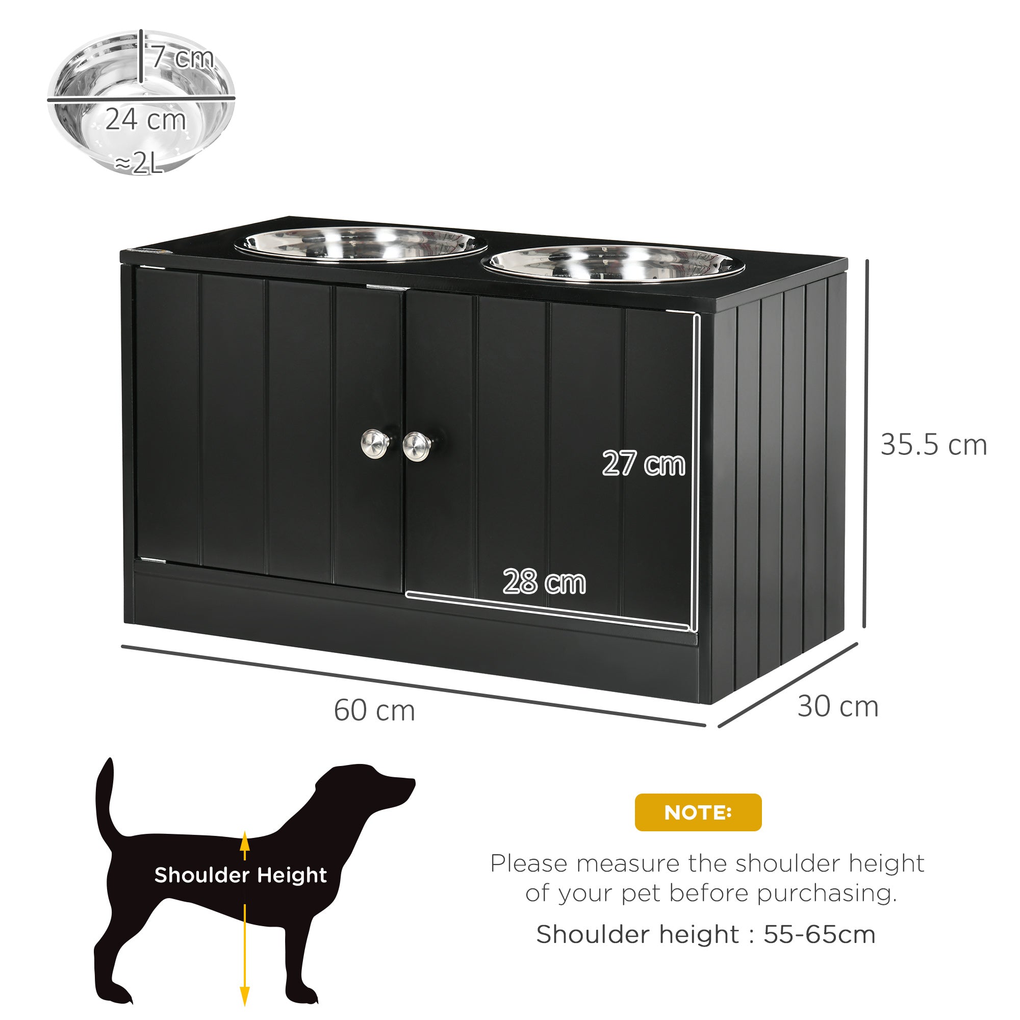 PawHut Raised Pet Feeder, with Two Bowls, Storage - Black - North Peak Garden Furniture