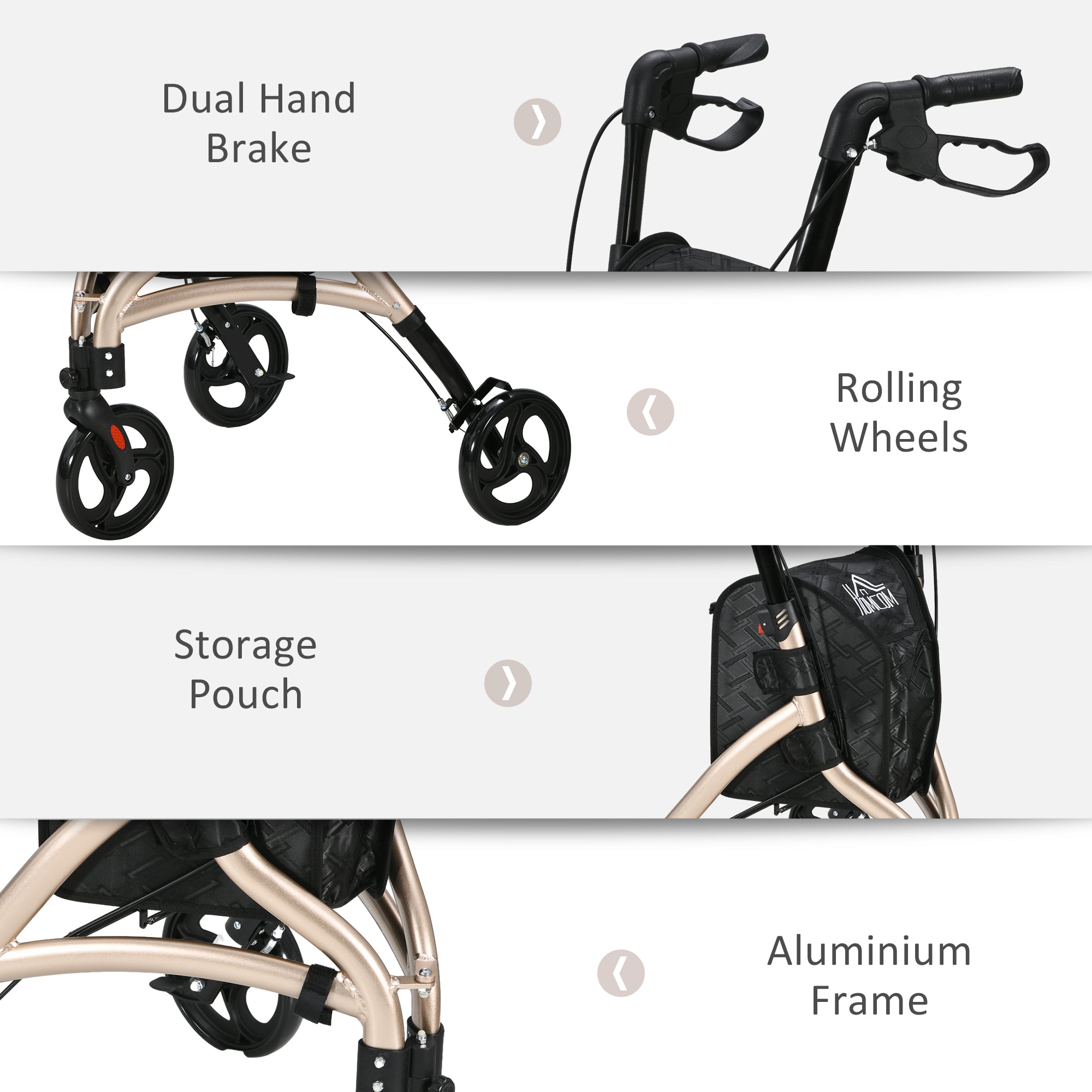 HOMCOM 3 Wheel Rollator, Lightweight Aluminium Tri Walker with Adjustable Handle, Storage Bag and Dual Brakes, Folding Mobility Walking Aid for Elderly, Handicapped, 5.3kg, Gold Tone - North Peak Garden Furniture