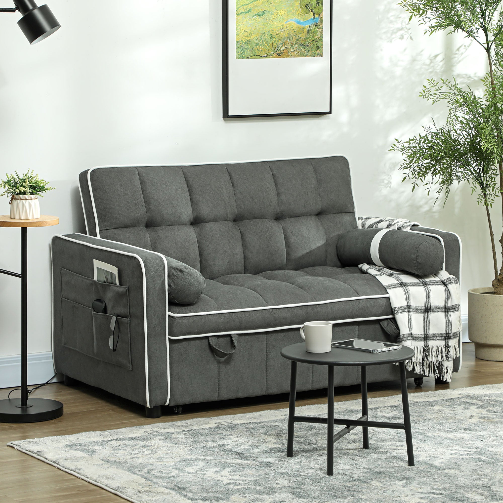 HOMCOM Two-Seater Linen-Look Sofa Bed - Charcoal Grey - North Peak Garden Furniture