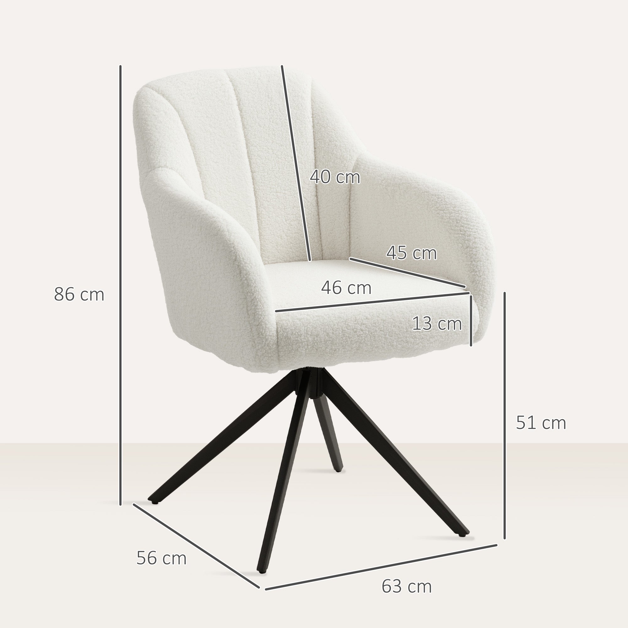 HOMCOM 360° Swivel Accent Chair, Teddy Fleece Fabric Armchair, Upholstered Tufted Vanity Chair with Steel Legs for Living Room, Bedroom, Home Office, White