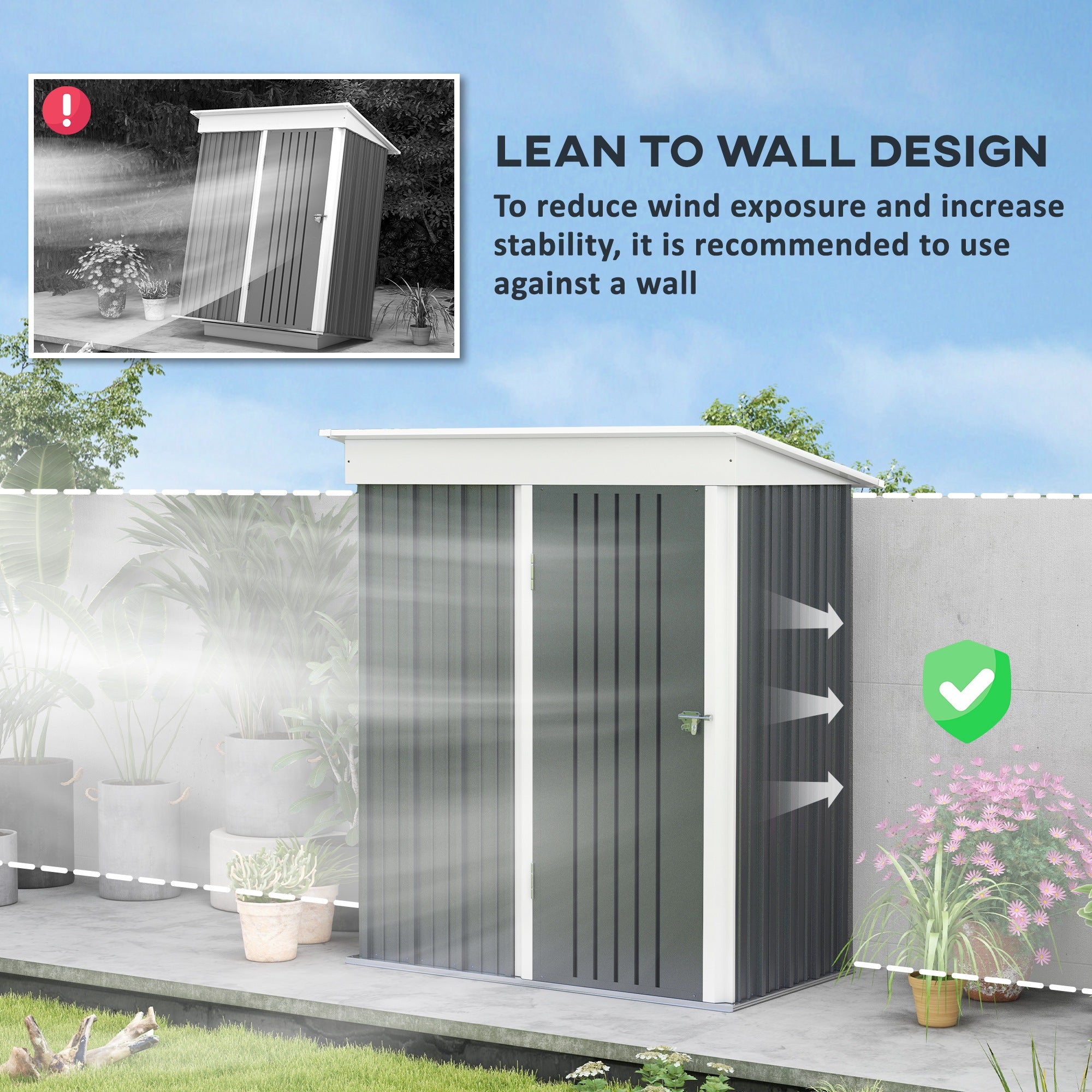 Outsunny Metal Garden Shed, Outdoor Lean-to Shed for Tool Motor Bike, with Adjustable Shelf, Lock, Gloves, 5'x3'x6', Dark Grey - North Peak Garden Furniture