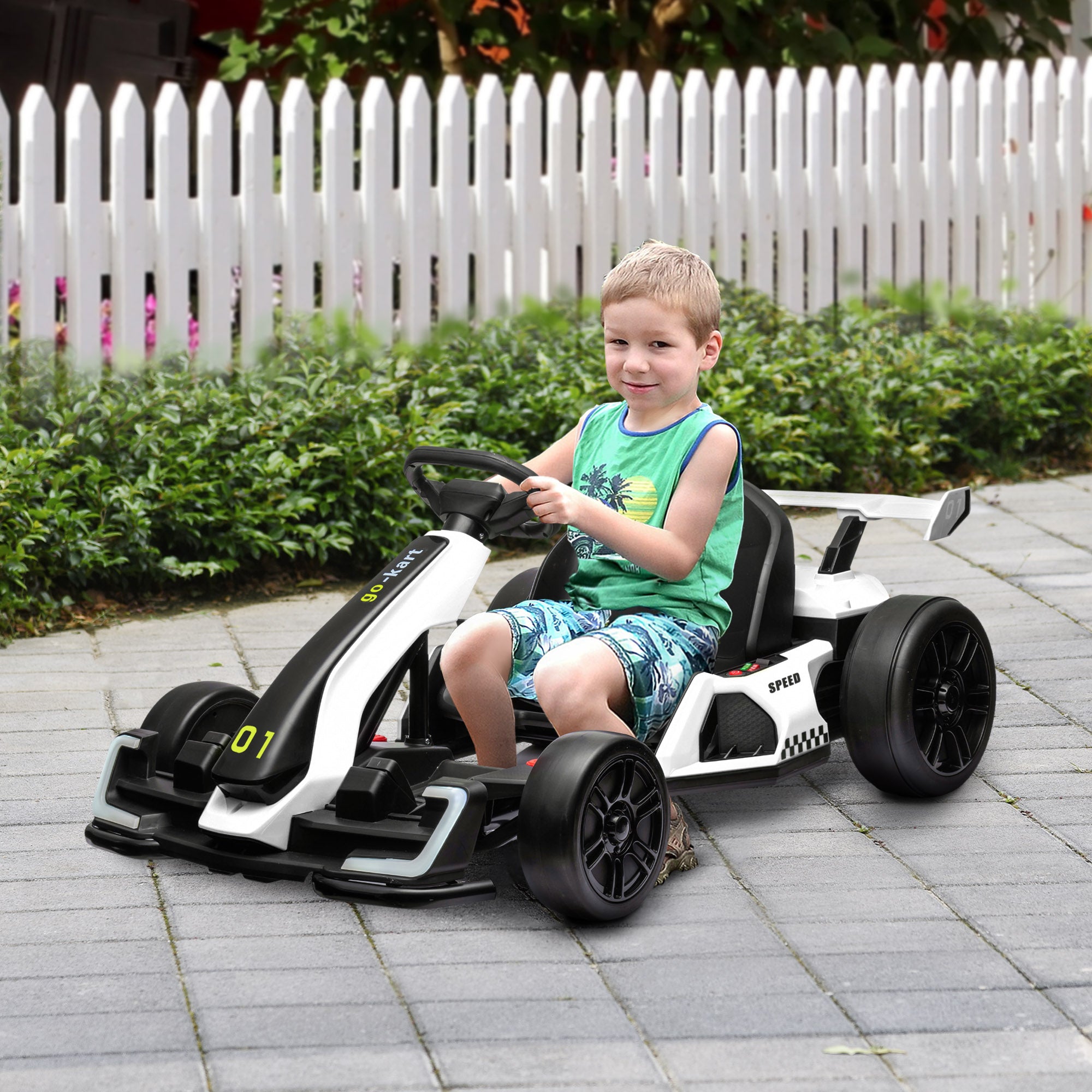 HOMCOM 24V Electric Go Kart for Kids with Adjustable Seat for 6-12 Years, White - North Peak Garden Furniture